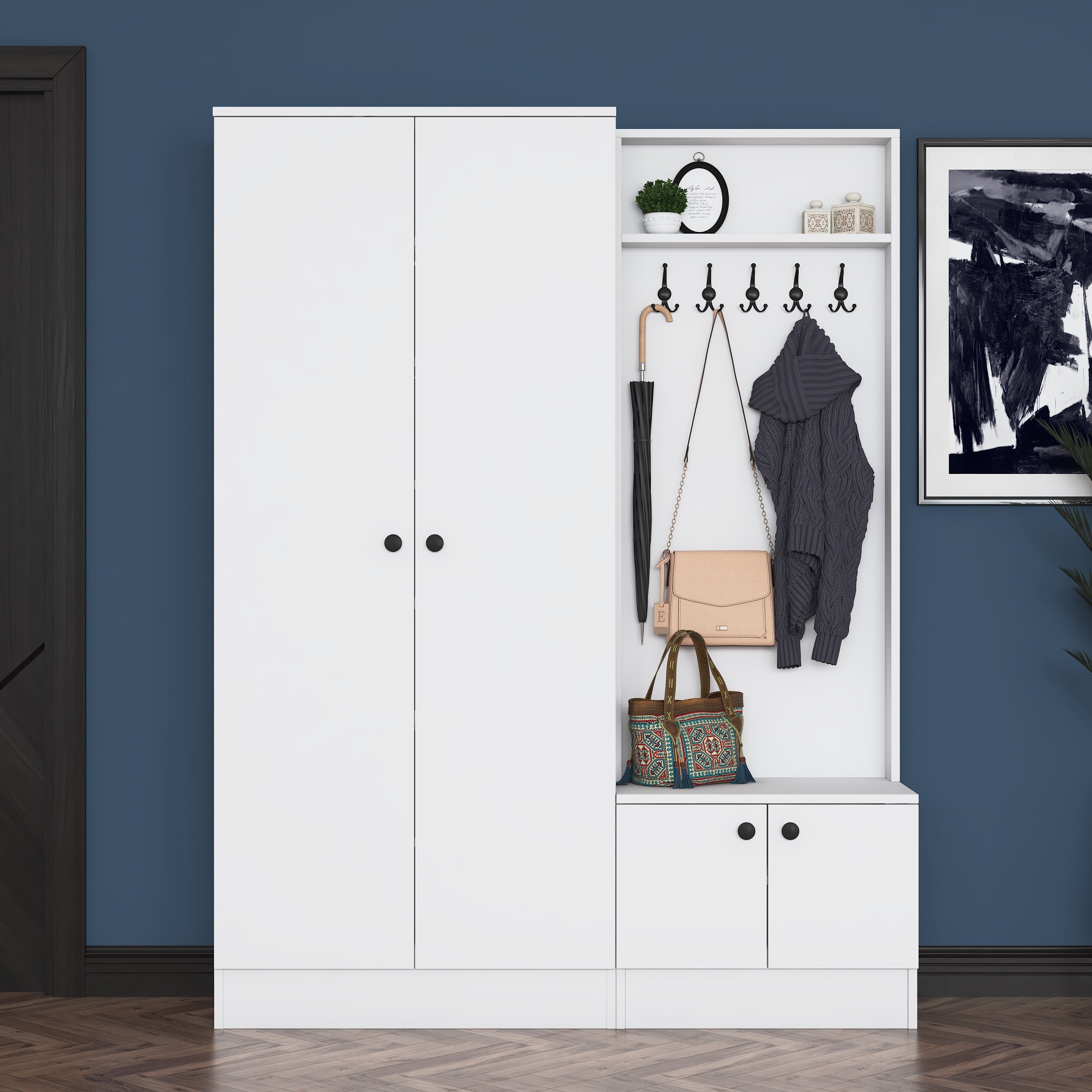 Rani EA151 Modern Portmanto Raflı Askılı Ayakkabılık Vestiyer Beyaz