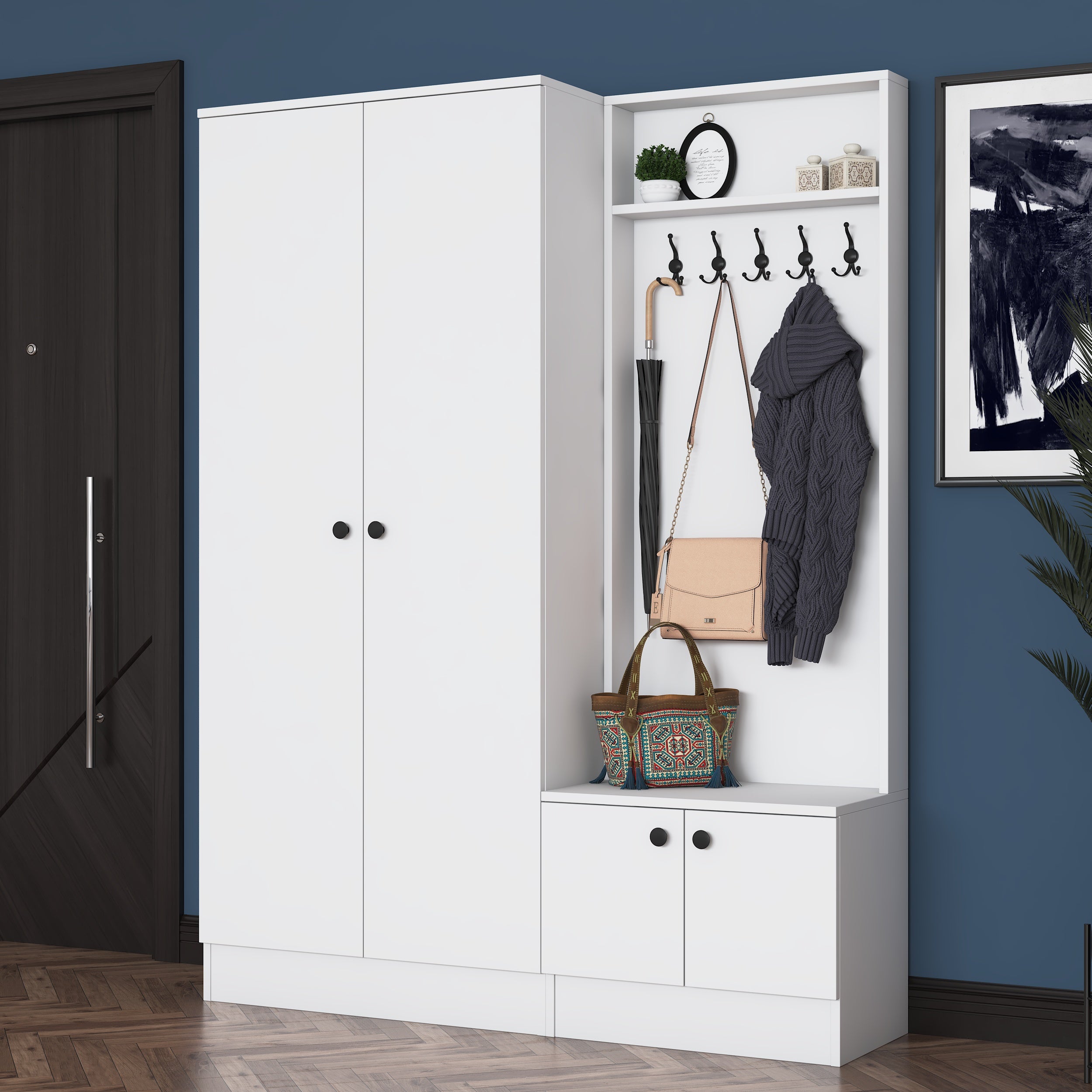 Rani EA151 Modern Portmanto Raflı Askılı Ayakkabılık Vestiyer Beyaz