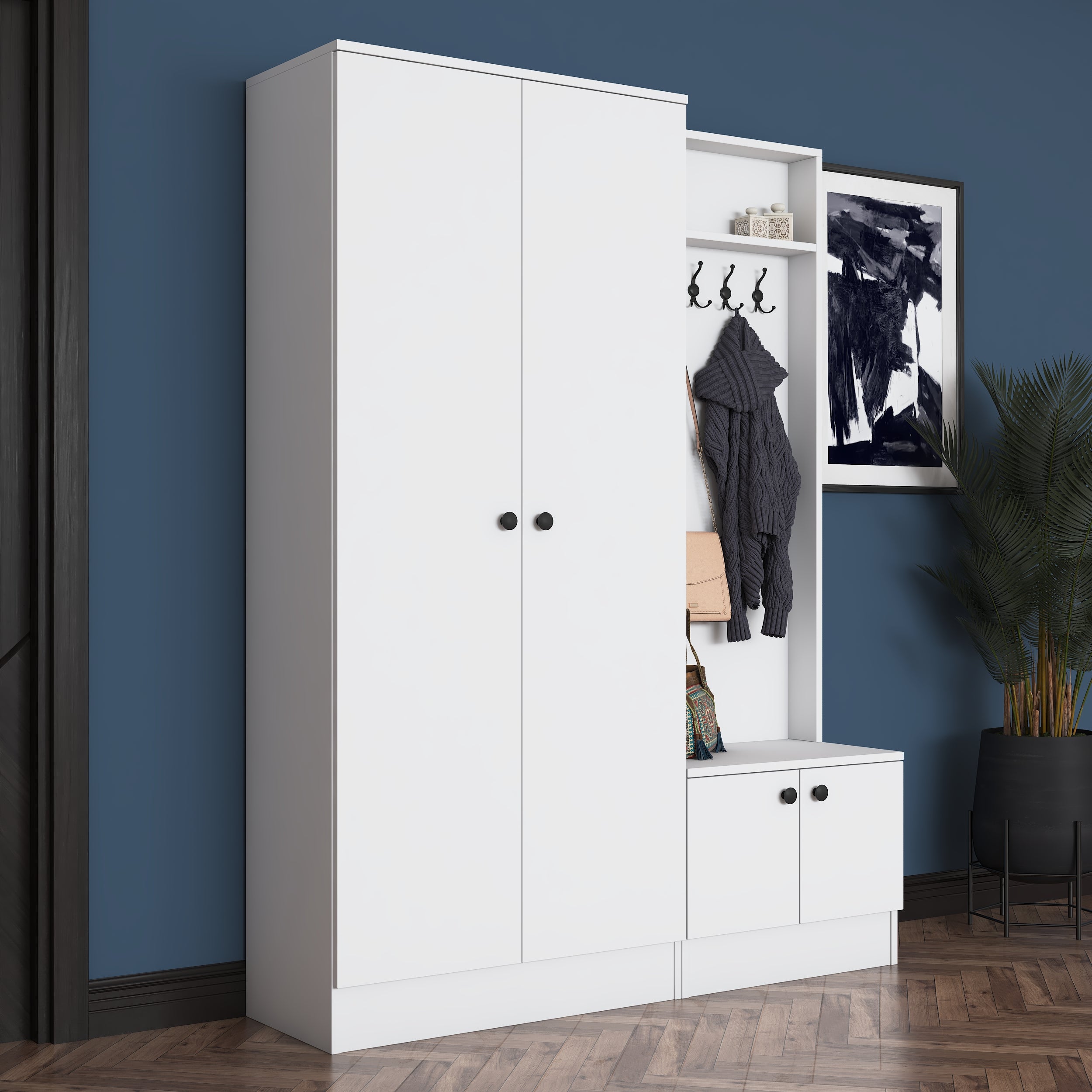 Rani EA151 Modern Portmanto Raflı Askılı Ayakkabılık Vestiyer Beyaz