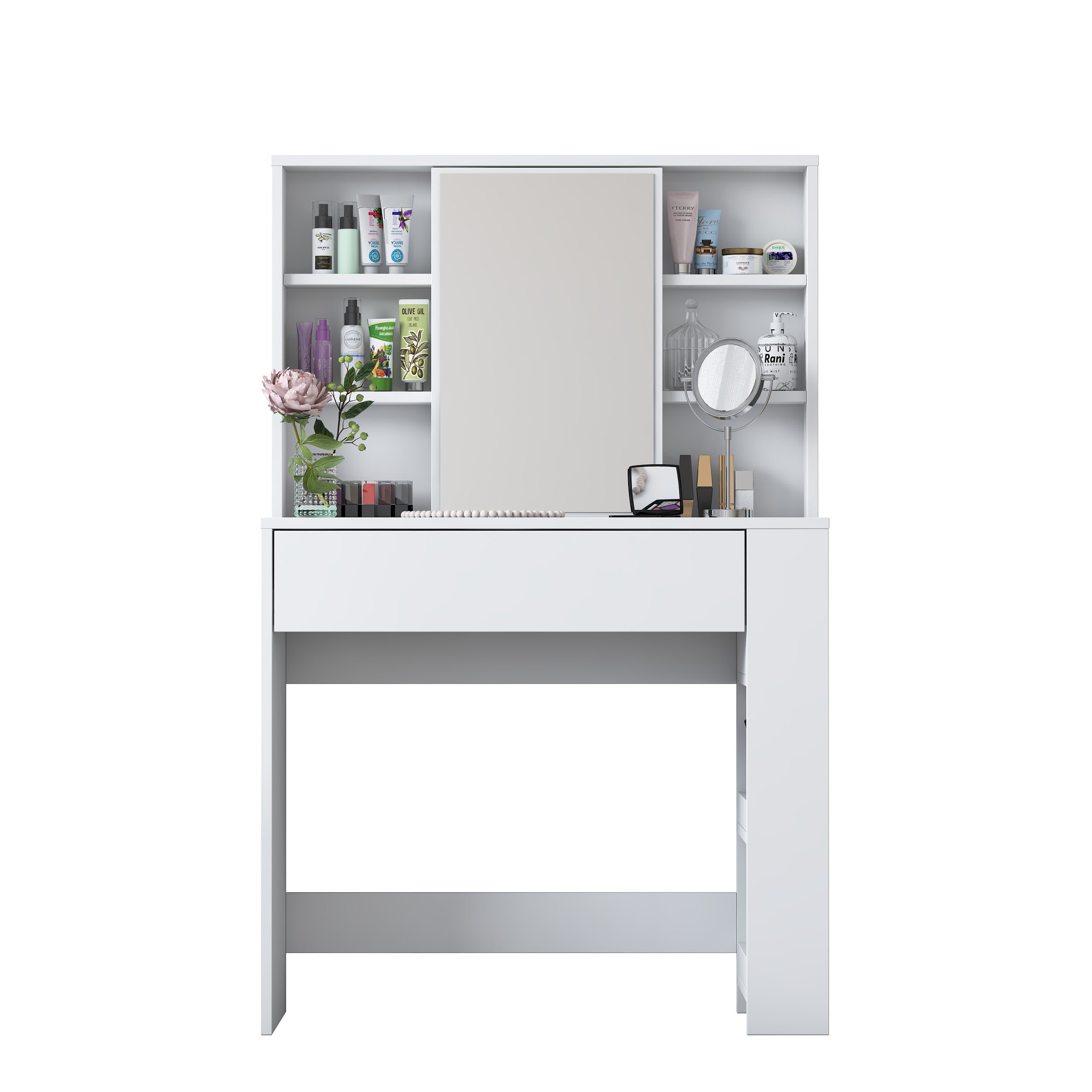 Rani BJ158 beyaz makyaj masası çekmeceli raflı aynalı takı düzenleyici modern makyaj masası