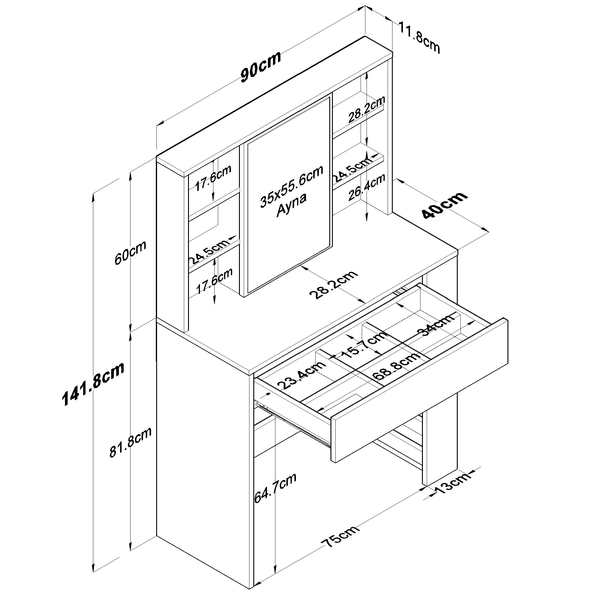 Rani BJ158 Makyaj Masası Çekmeceli Raflı Aynalı Takı Düzenleyici Beyaz