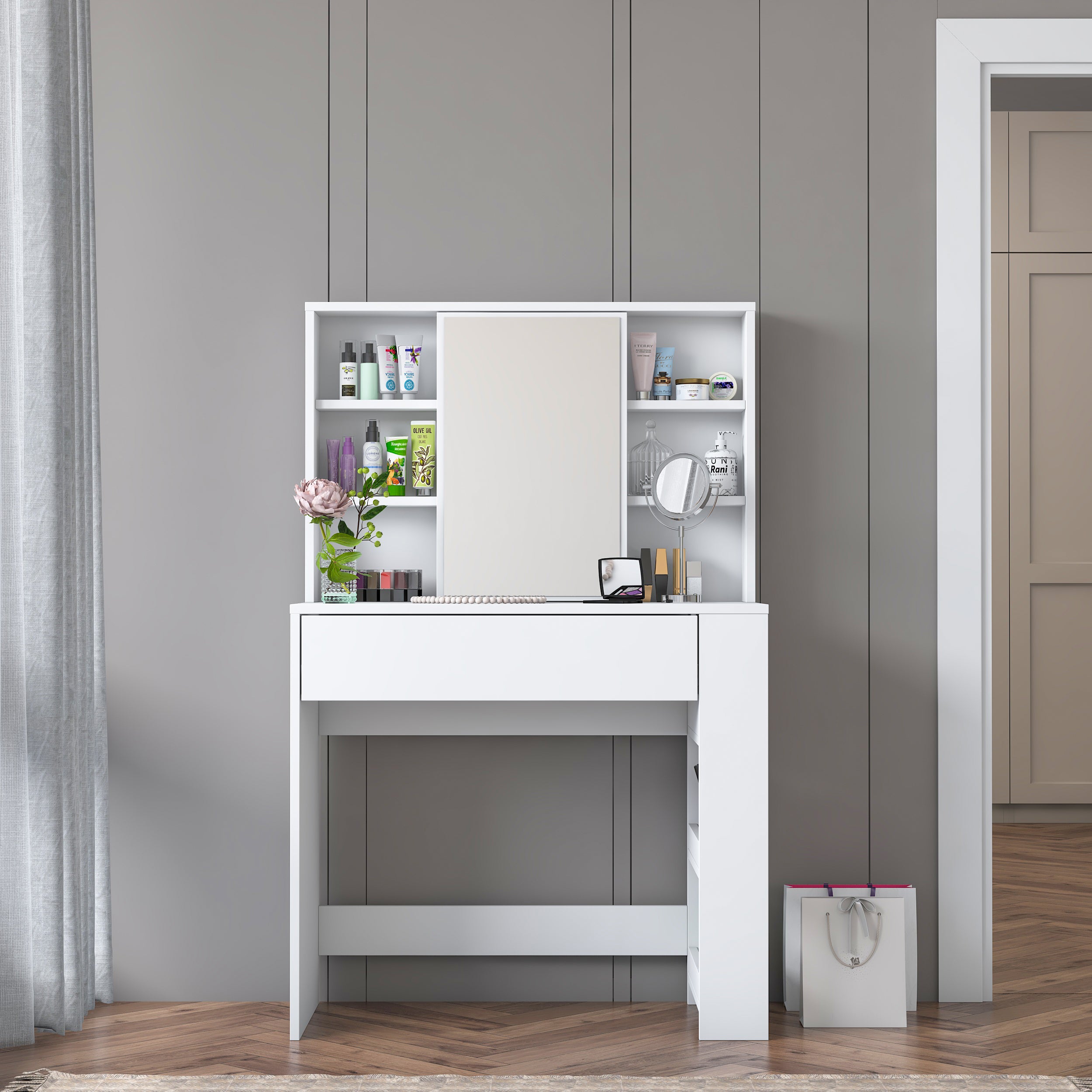 Rani BJ158 beyaz makyaj masası çekmeceli raflı aynalı takı düzenleyici modern makyaj masası