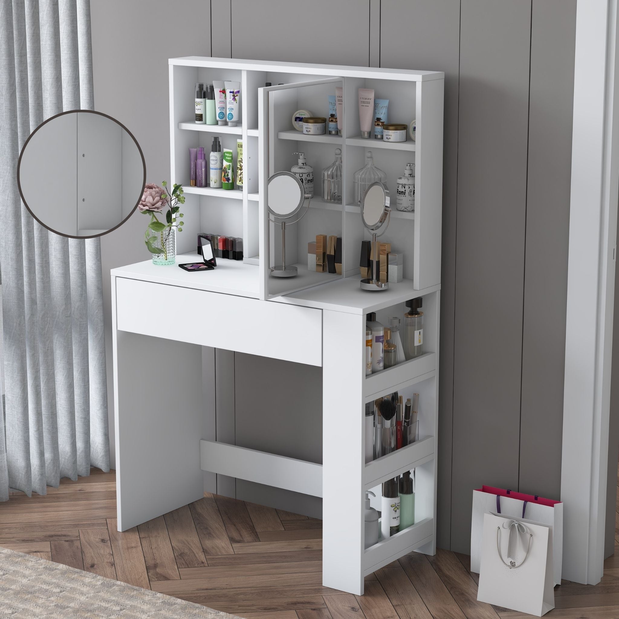 Rani BJ158 beyaz makyaj masası çekmeceli raflı aynalı takı düzenleyici modern makyaj masası