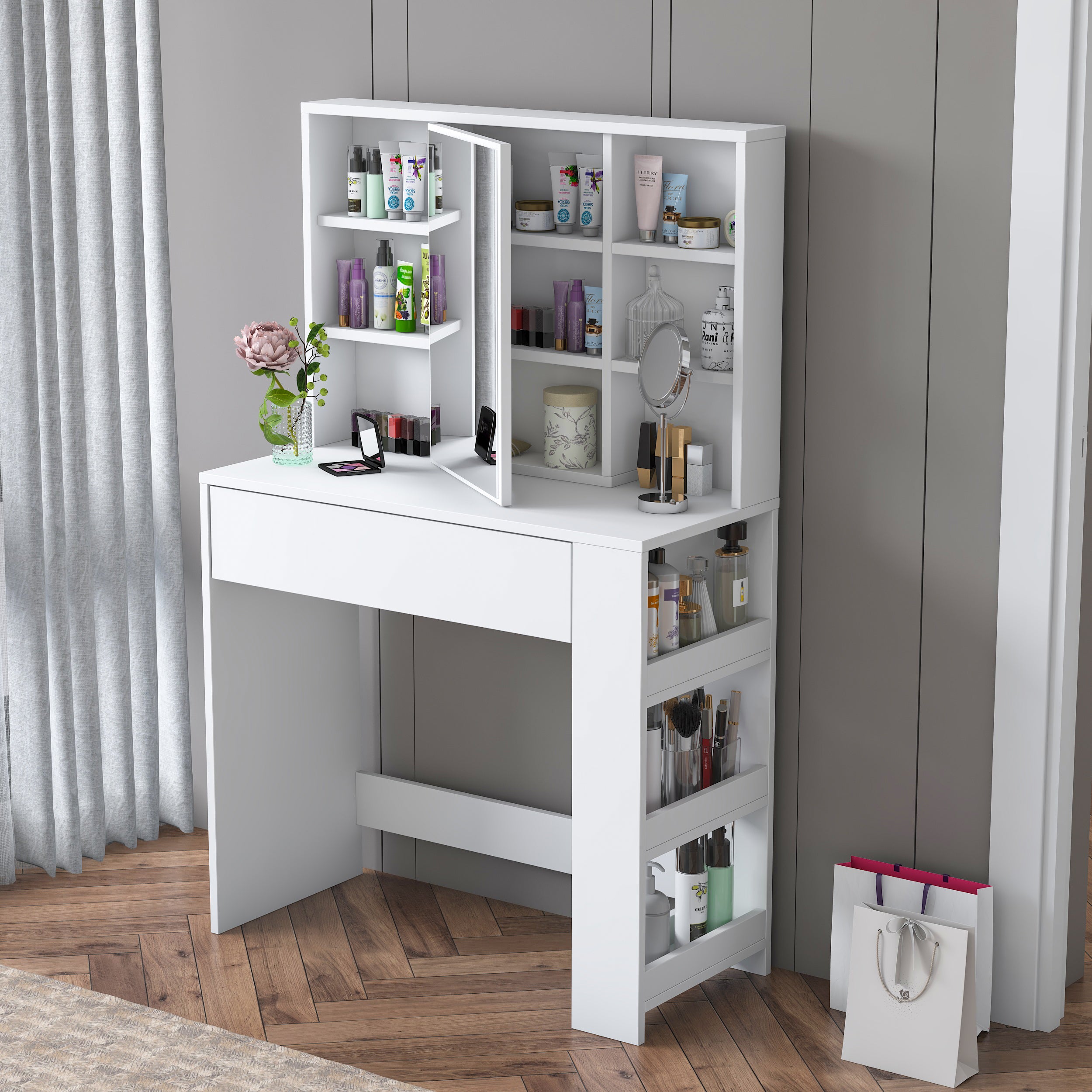 Rani BJ158 beyaz makyaj masası çekmeceli raflı aynalı takı düzenleyici modern makyaj masası