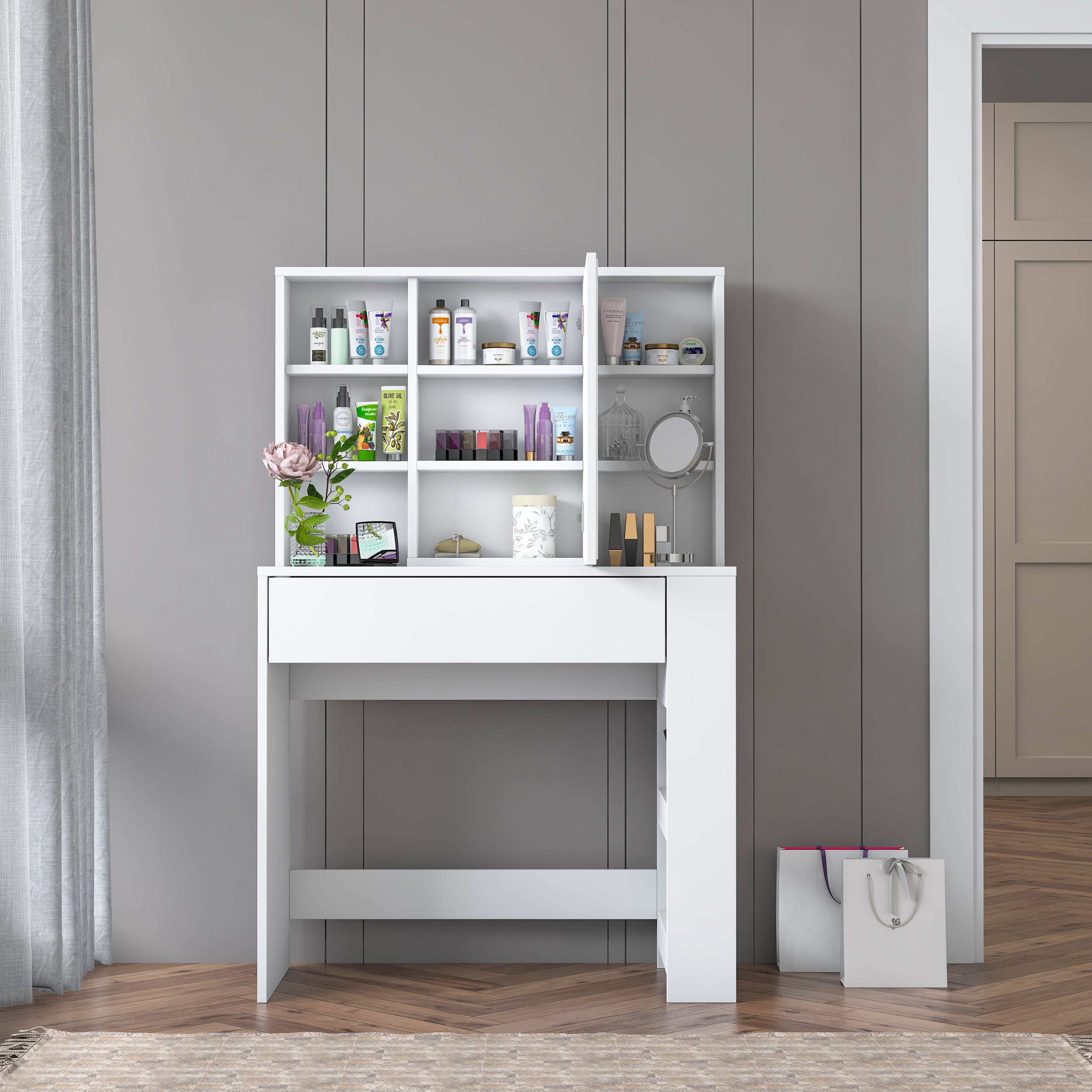 Rani BJ158 beyaz makyaj masası çekmeceli raflı aynalı takı düzenleyici modern makyaj masası