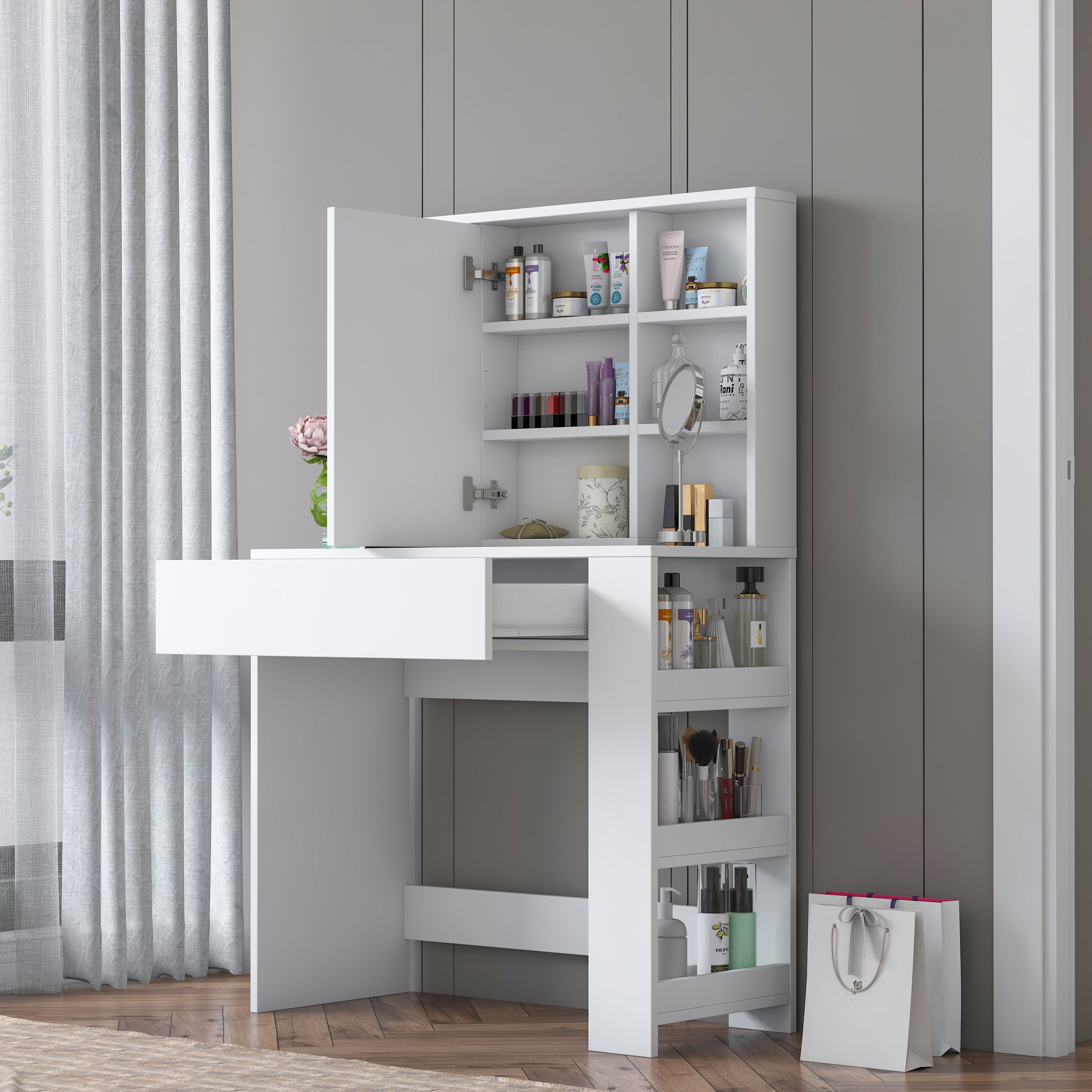 Rani BJ158 beyaz makyaj masası çekmeceli raflı aynalı takı düzenleyici modern makyaj masası