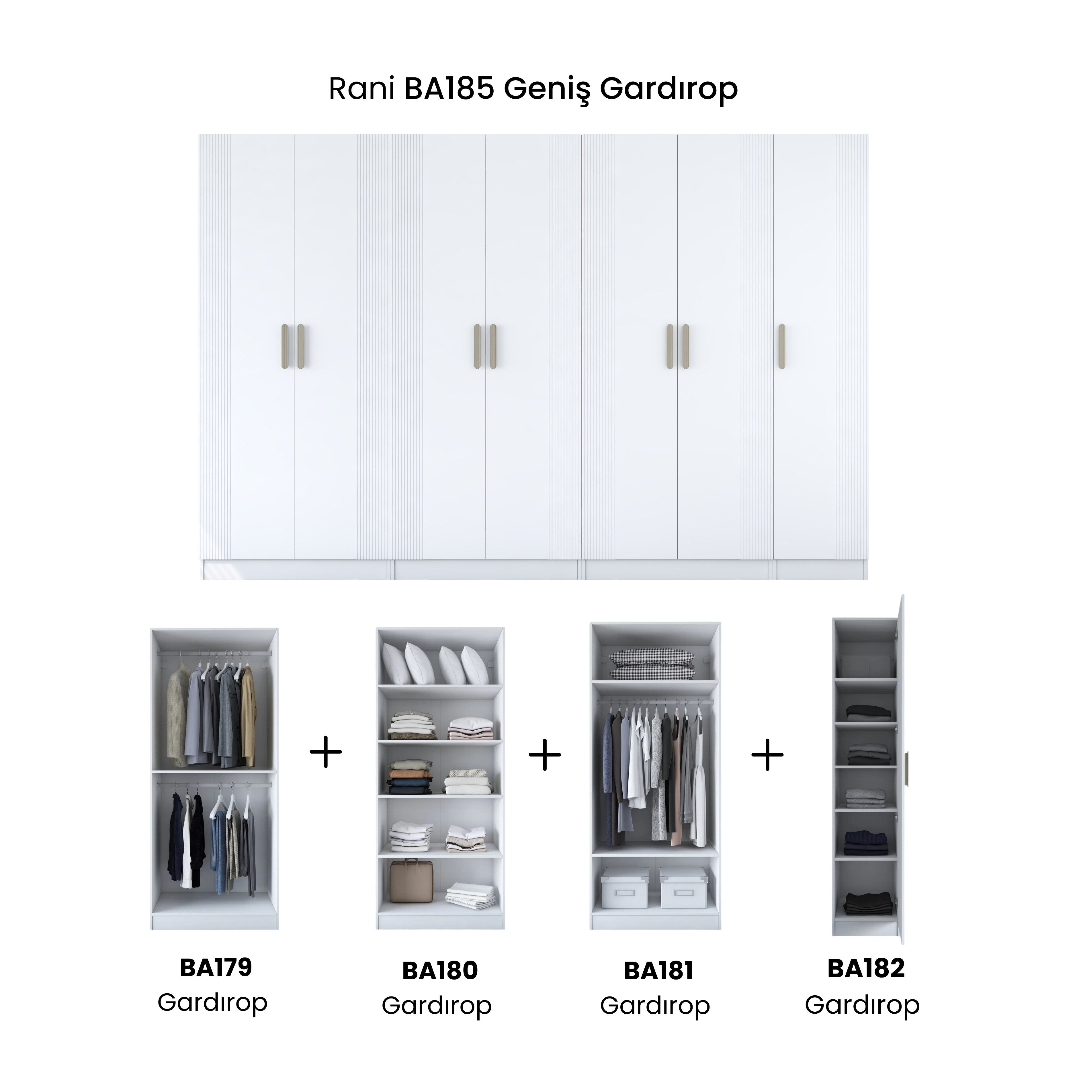 Rani BA185 Membran Kapaklı Gardırop 12 Raflı 3 Askılı 7 Kapaklı Elbise Dolabı Beyaz