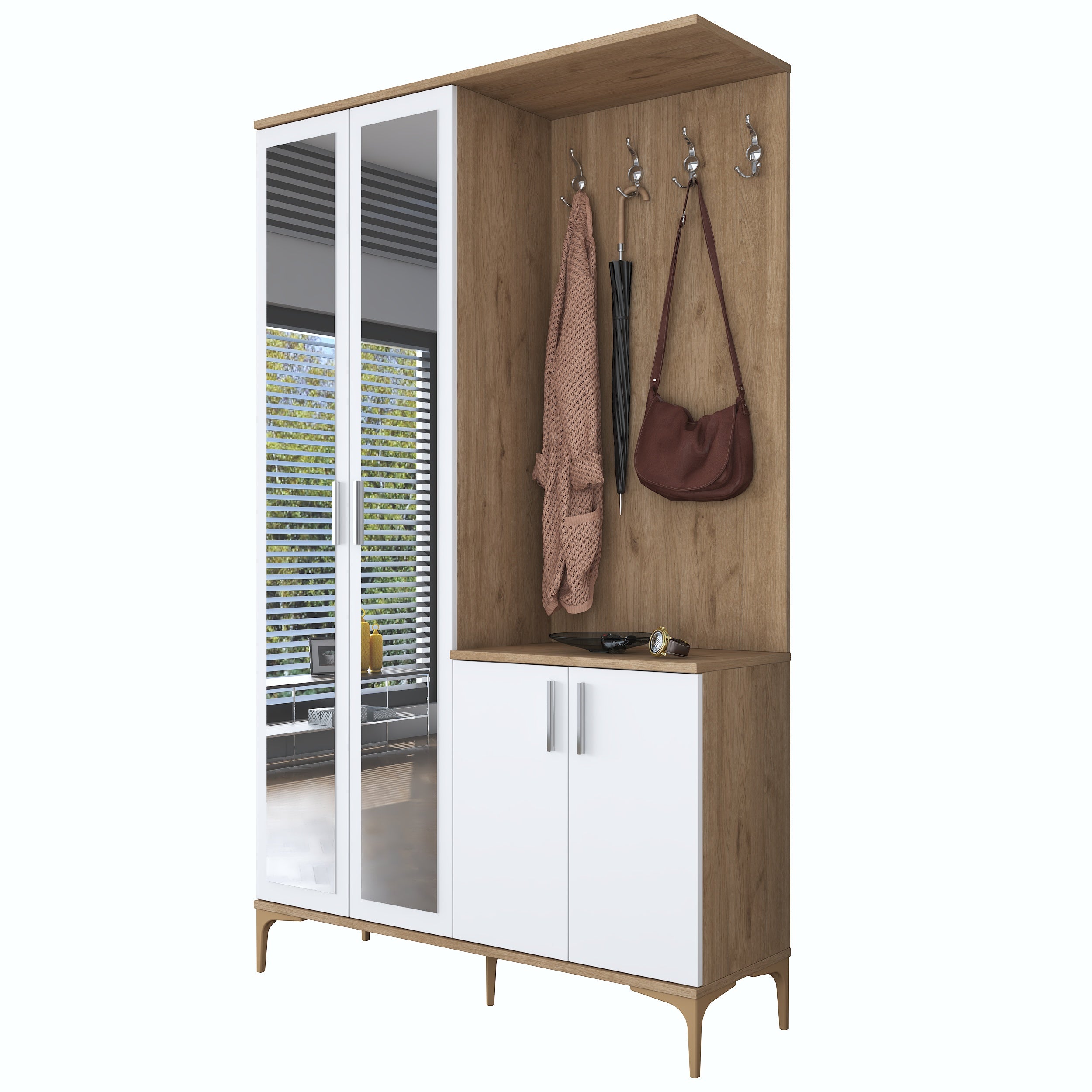 Rani EA147 modern portmanto 4 kapaklı aynalı vestiyer sepet ceviz beyaz
