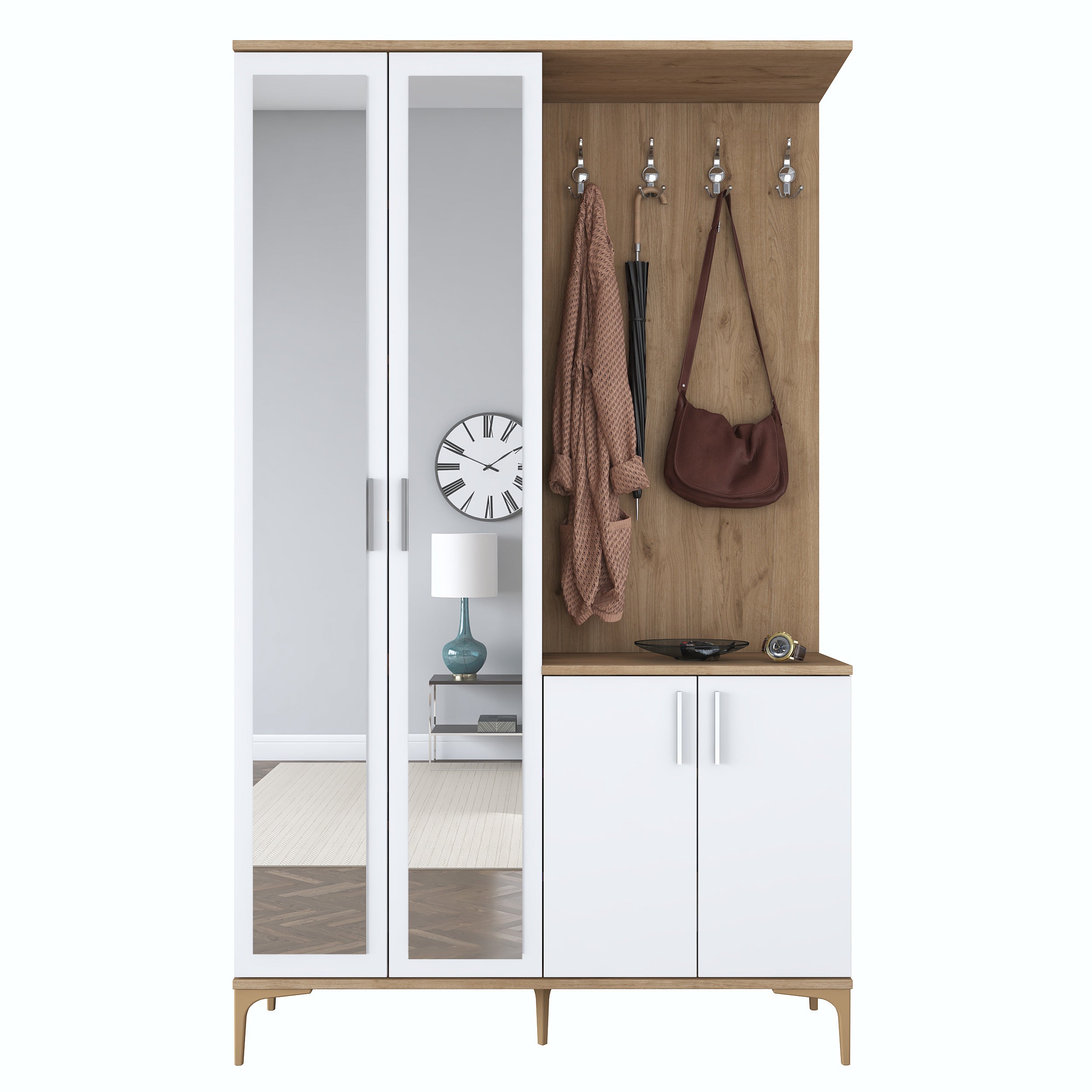 Rani EA147 modern portmanto 4 kapaklı aynalı vestiyer sepet ceviz beyaz