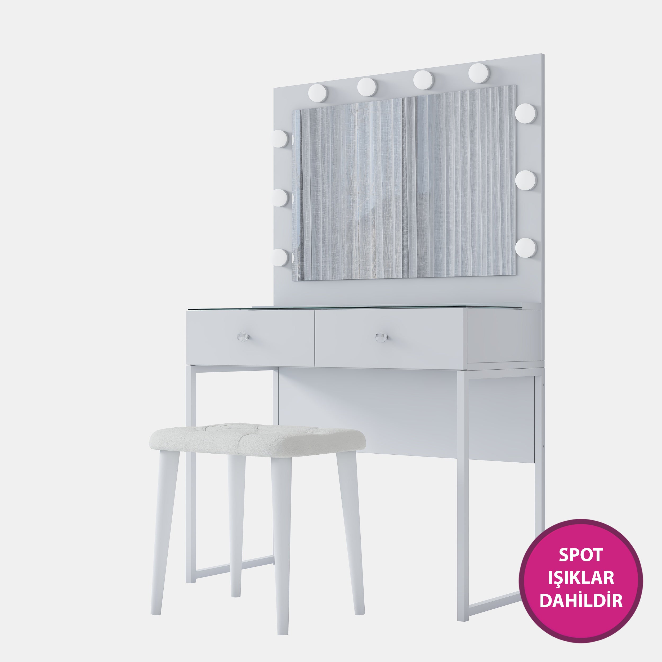 Beyaz cam tablası ve 10 adet spot ışıklı aynasıyla Rani BJ164 Hollywood makyaj masası; 2 çekmeceli, takı düzenleyici puf takımlı, şık ve fonksiyonel.