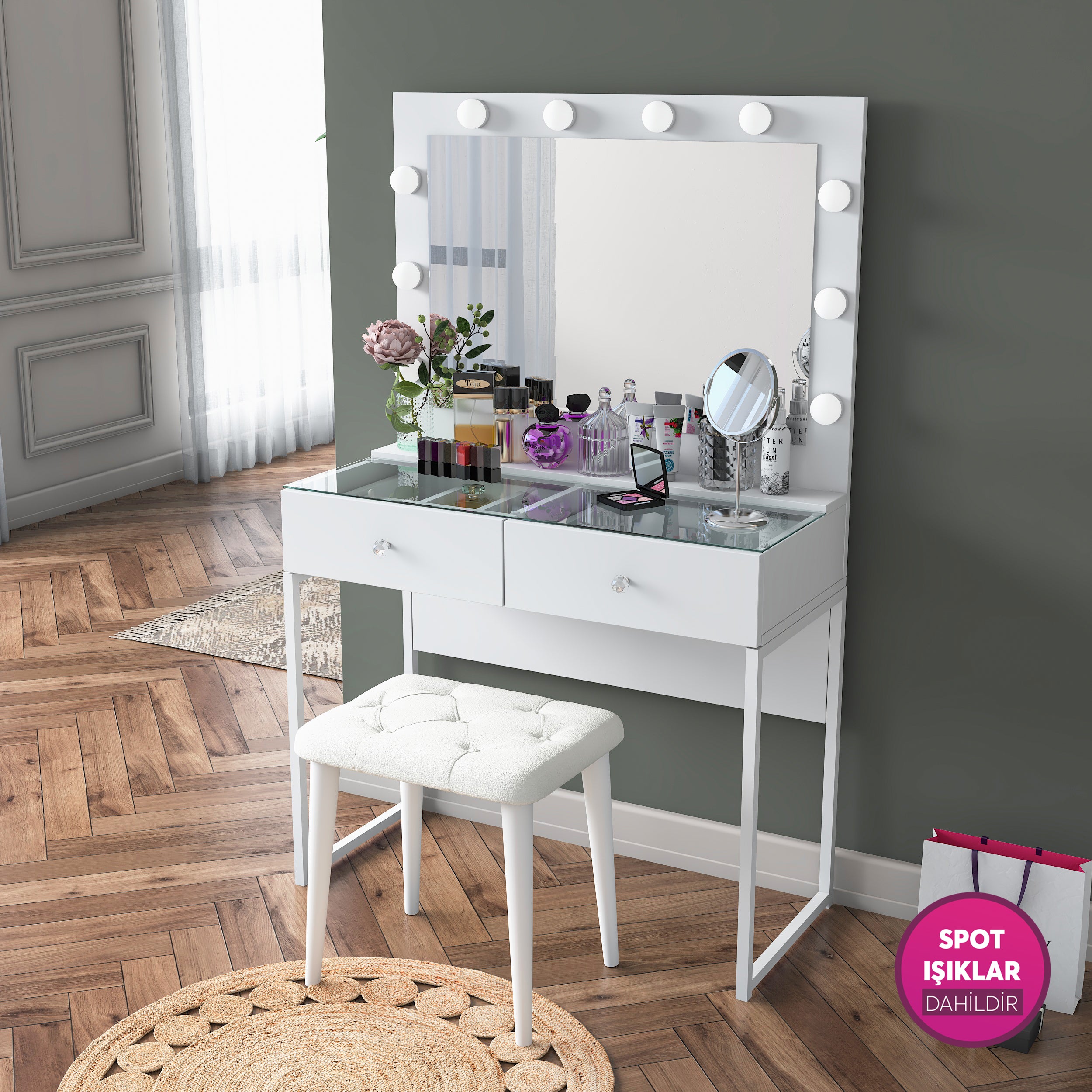 Rani BJ164 Hollywood Işıklı Aynalı Kulis Makyaj Masası Cam Tablalı 2 Çekmeceli Takı Düzenleyici Puf Takım Beyaz