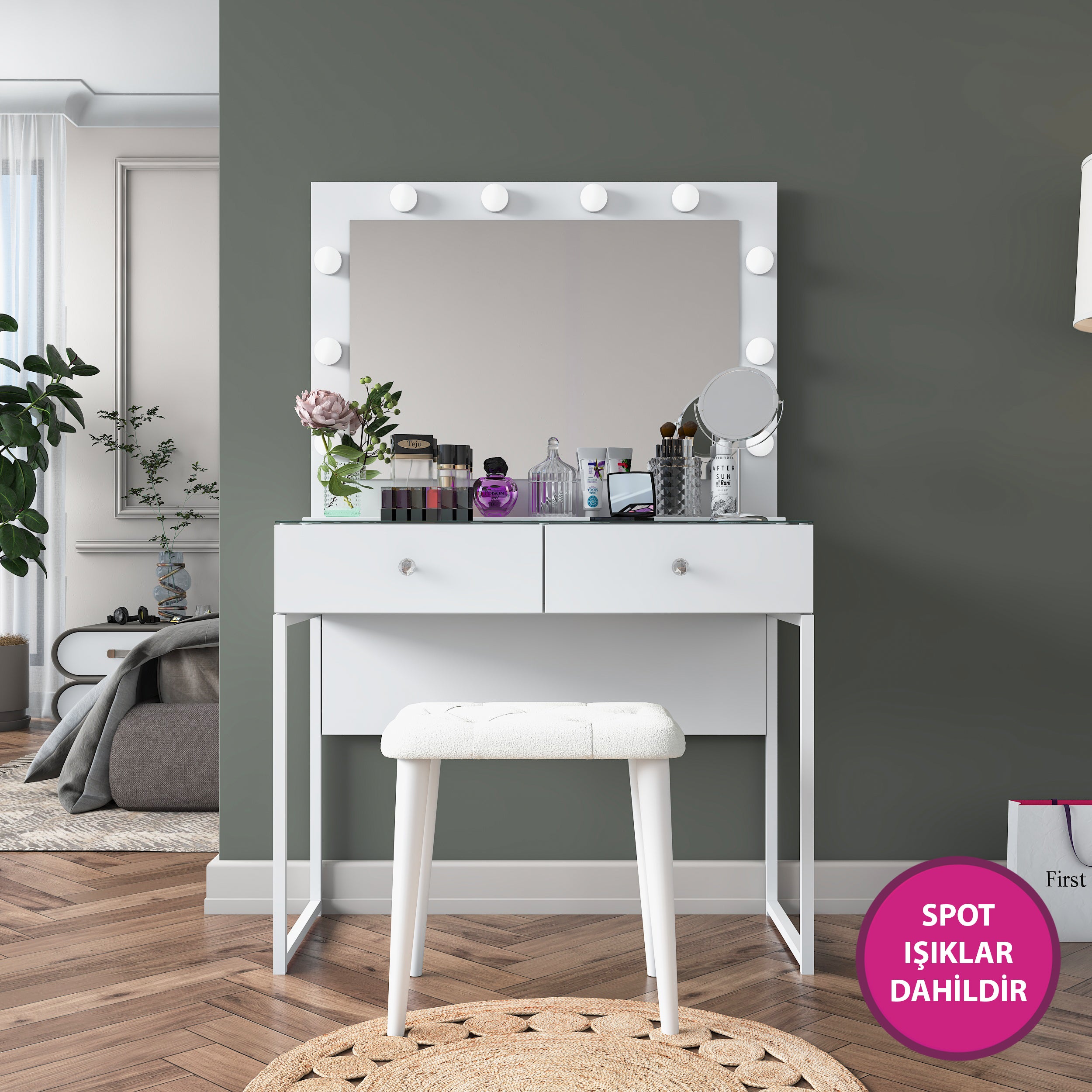Rani BJ164 Hollywood ışıklı aynalı makyaj masası – temperli cam tabla, 2 çekmece, takı düzenleyici puf ve beyaz gövdeyle yatak odanıza glam ve düzen katıyor.