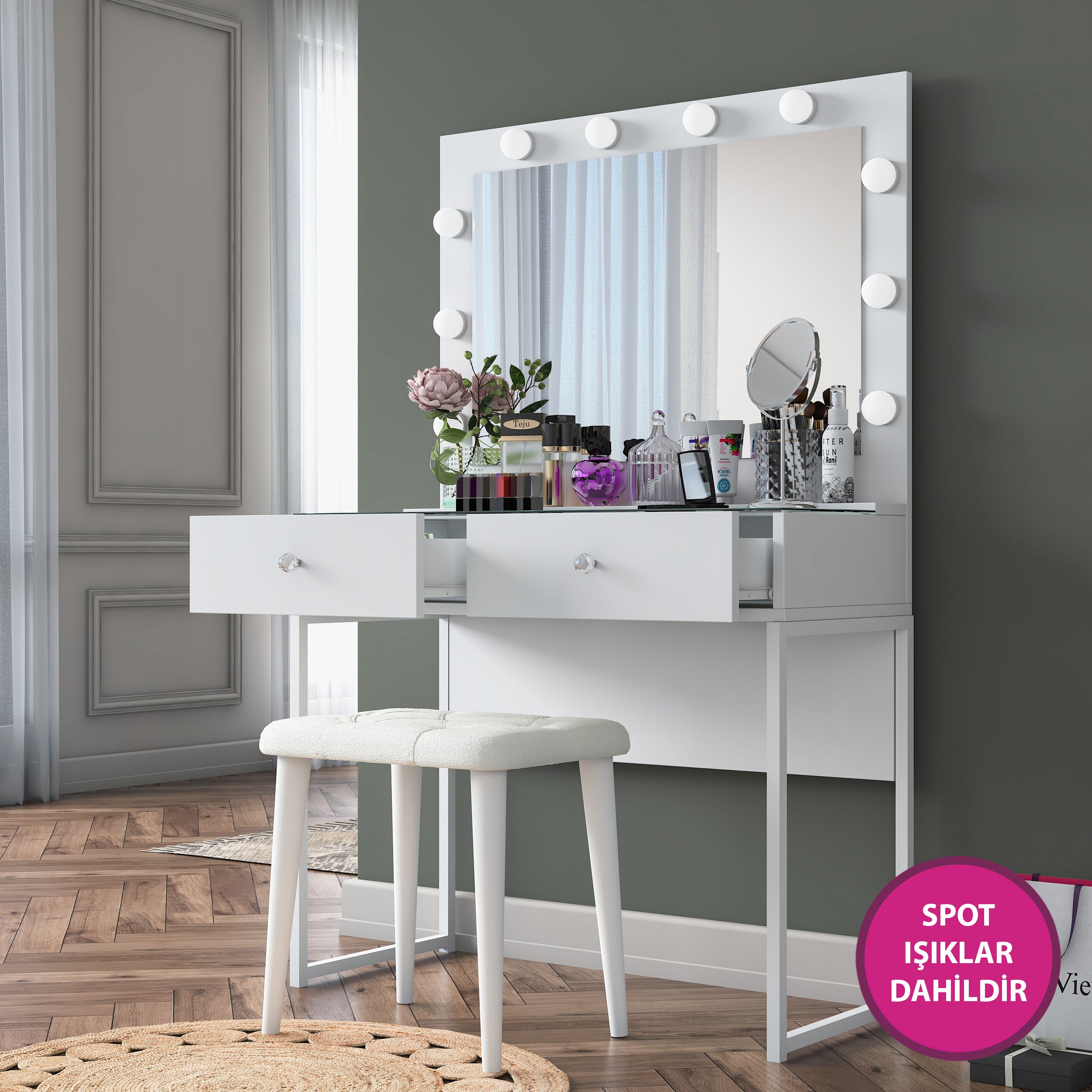 BJ164 Hollywood beyaz makyaj masası takımı: ışıklı kulis aynası, cam üst tabla, 2 çekmece, takı düzenleyici puf; Rani Mobilya’dan kalite ve estetik birleşimi