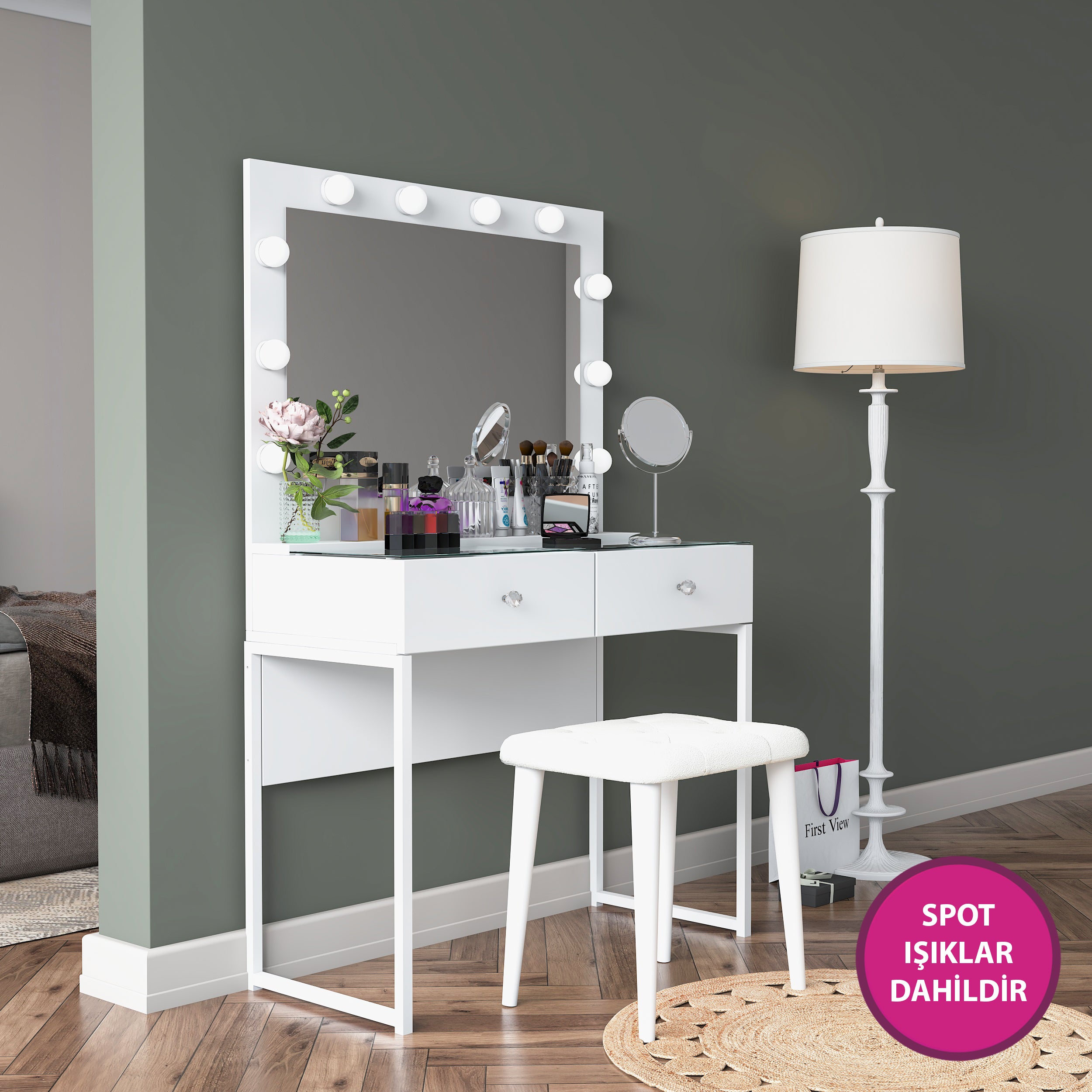 Rani BJ164 Beyaz Hollywood Kulis Tipi Işıklı Aynalı Makyaj Masası, Cam Tablalı, 2 Çekmeceli Takı Düzenleyici ve Puf Takımı.