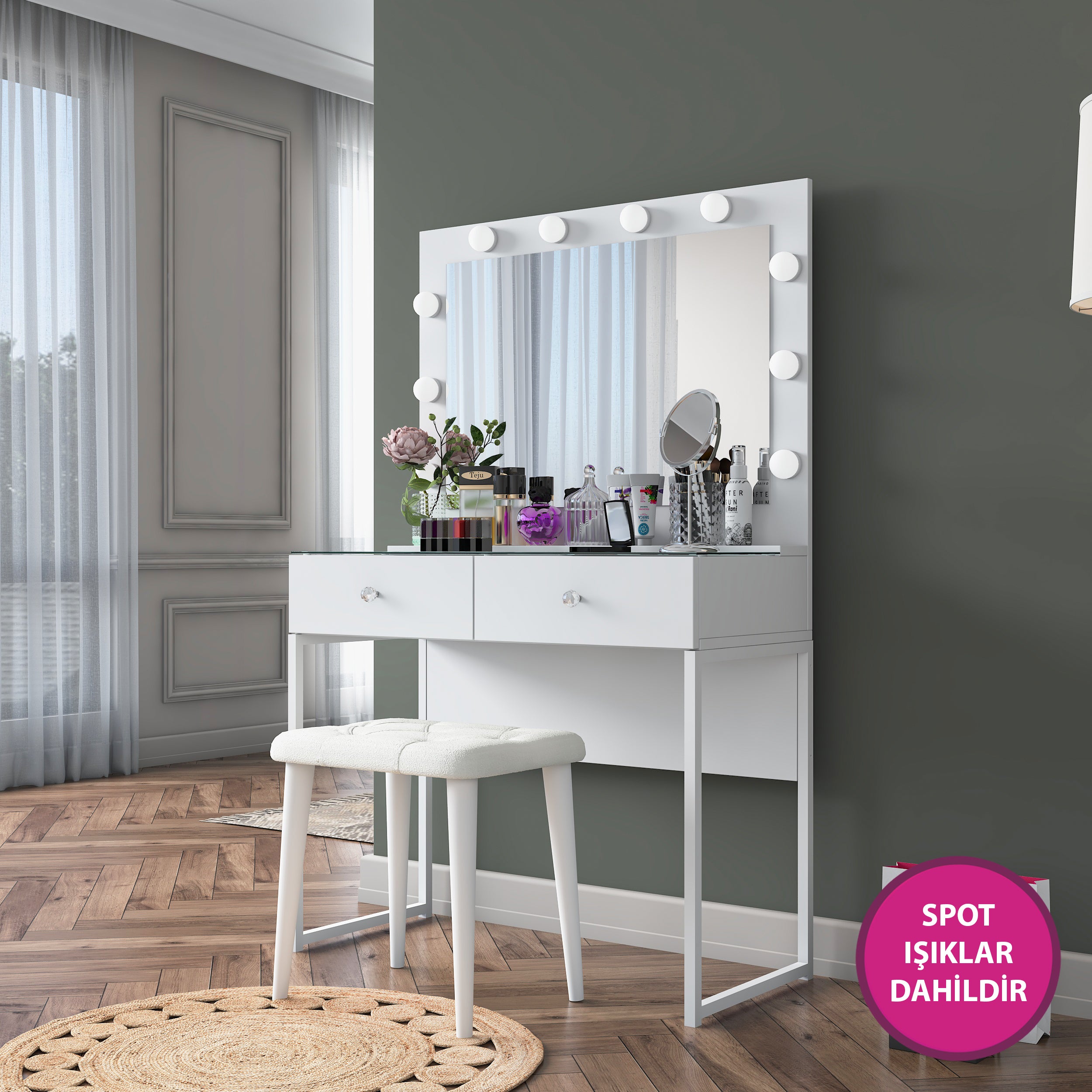Rani BJ164 Beyaz Hollywood Kulis Tipi Işıklı Aynalı Makyaj Masası, Cam Tablalı, 2 Çekmeceli Takı Düzenleyici ve Puf Takımı.