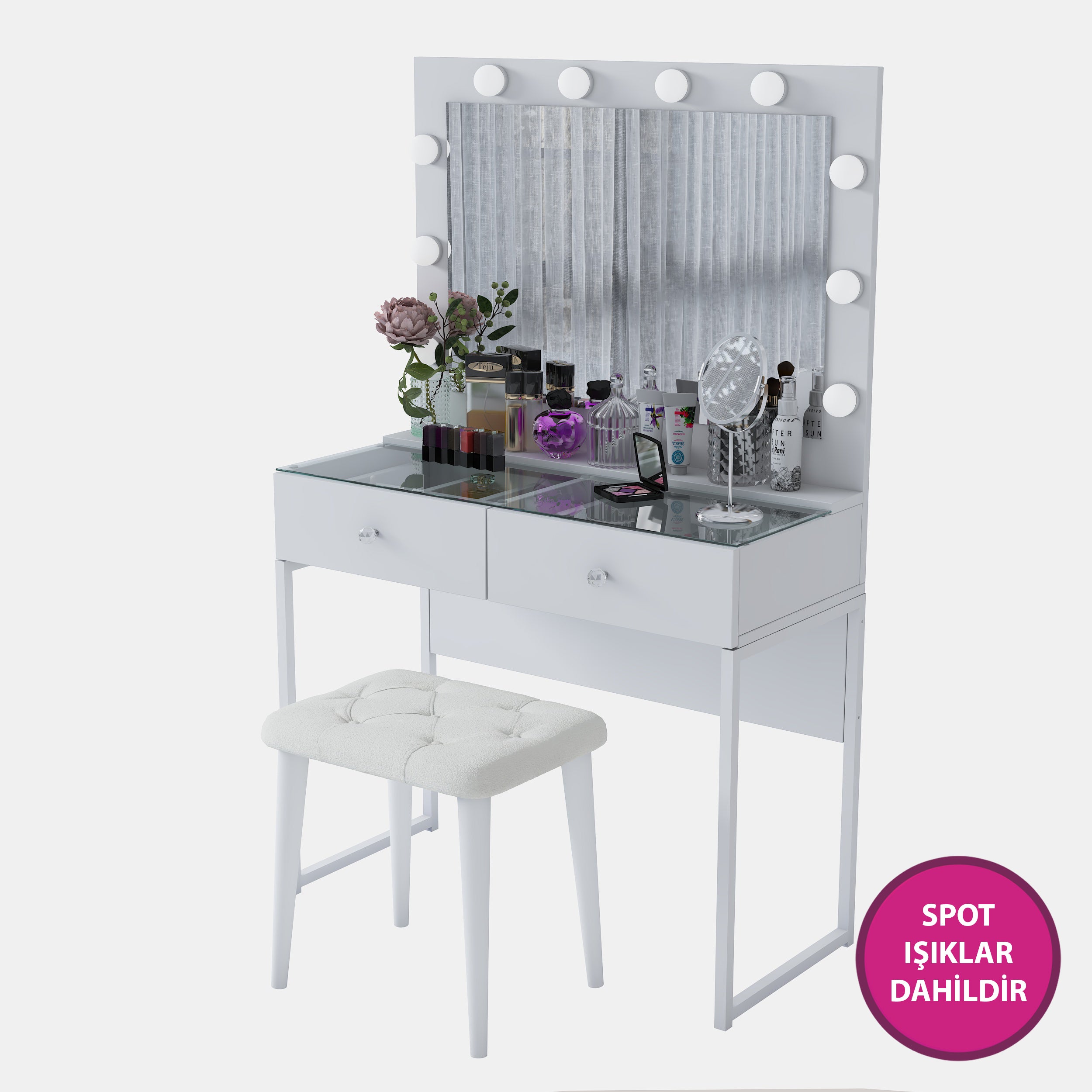 Cam Tablalı ve 2 Çekmeceli Rani Makyaj Masası. LED Ampullü Büyük Işıklı Ayna ve Beyaz Puf.
