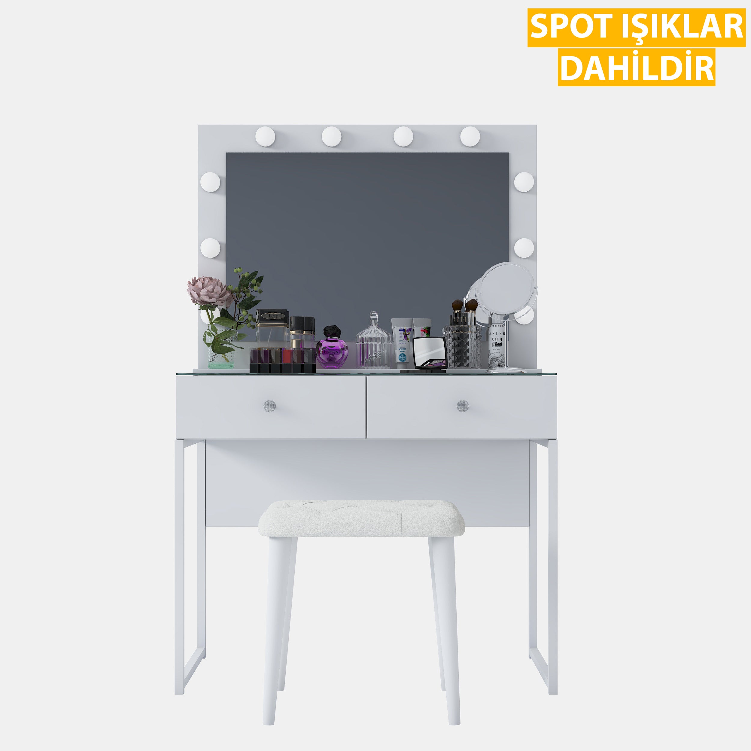 Rani BJ164 Hollywood Işıklı Aynalı Kulis Makyaj Masası Cam Tablalı 2 Çekmeceli Takı Düzenleyici Puf Takım Beyaz
