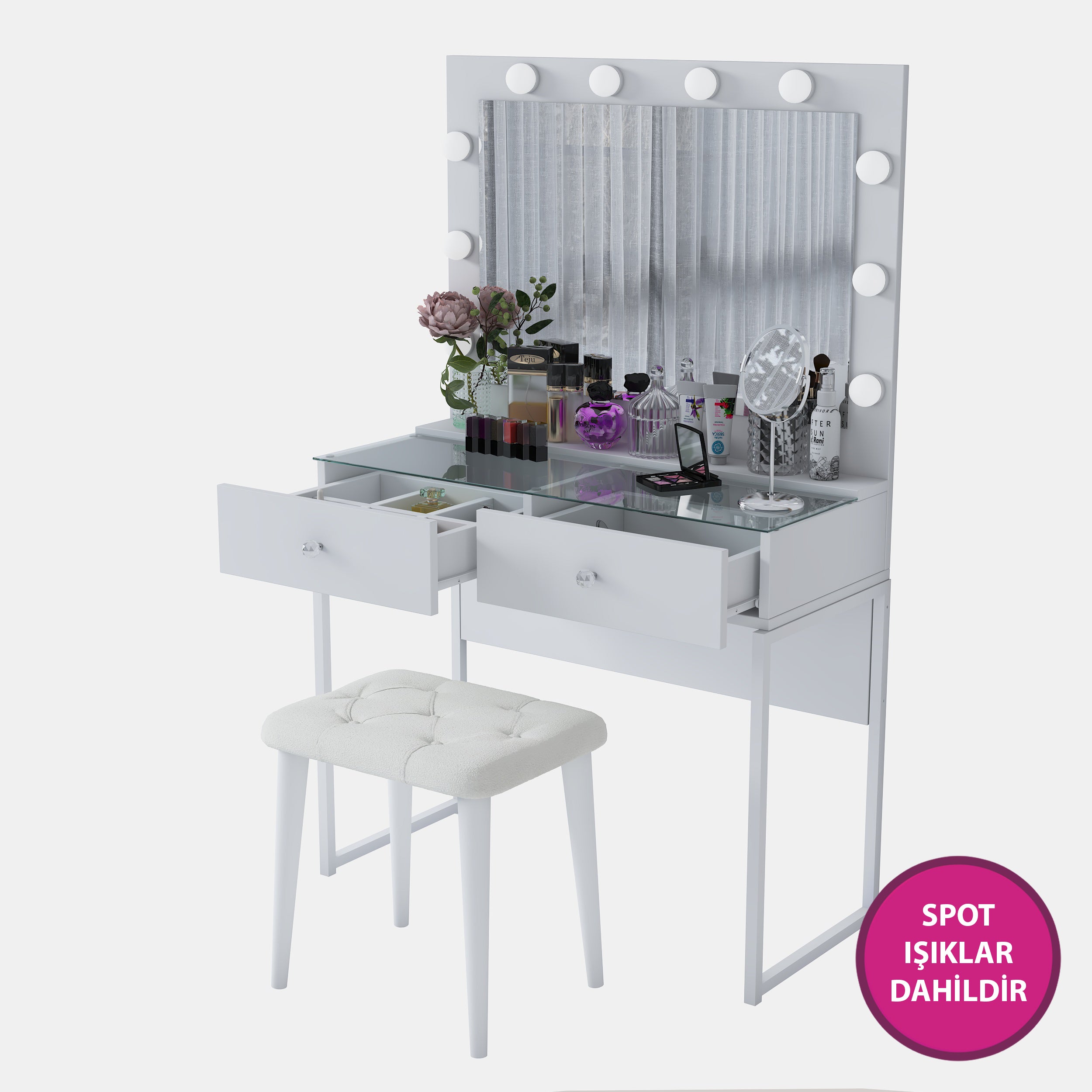 Beyaz cam tablası ve 10 adet spot ışıklı aynasıyla Rani BJ164 Hollywood makyaj masası; 2 çekmeceli, takı düzenleyici puf takımlı, şık ve fonksiyonel.