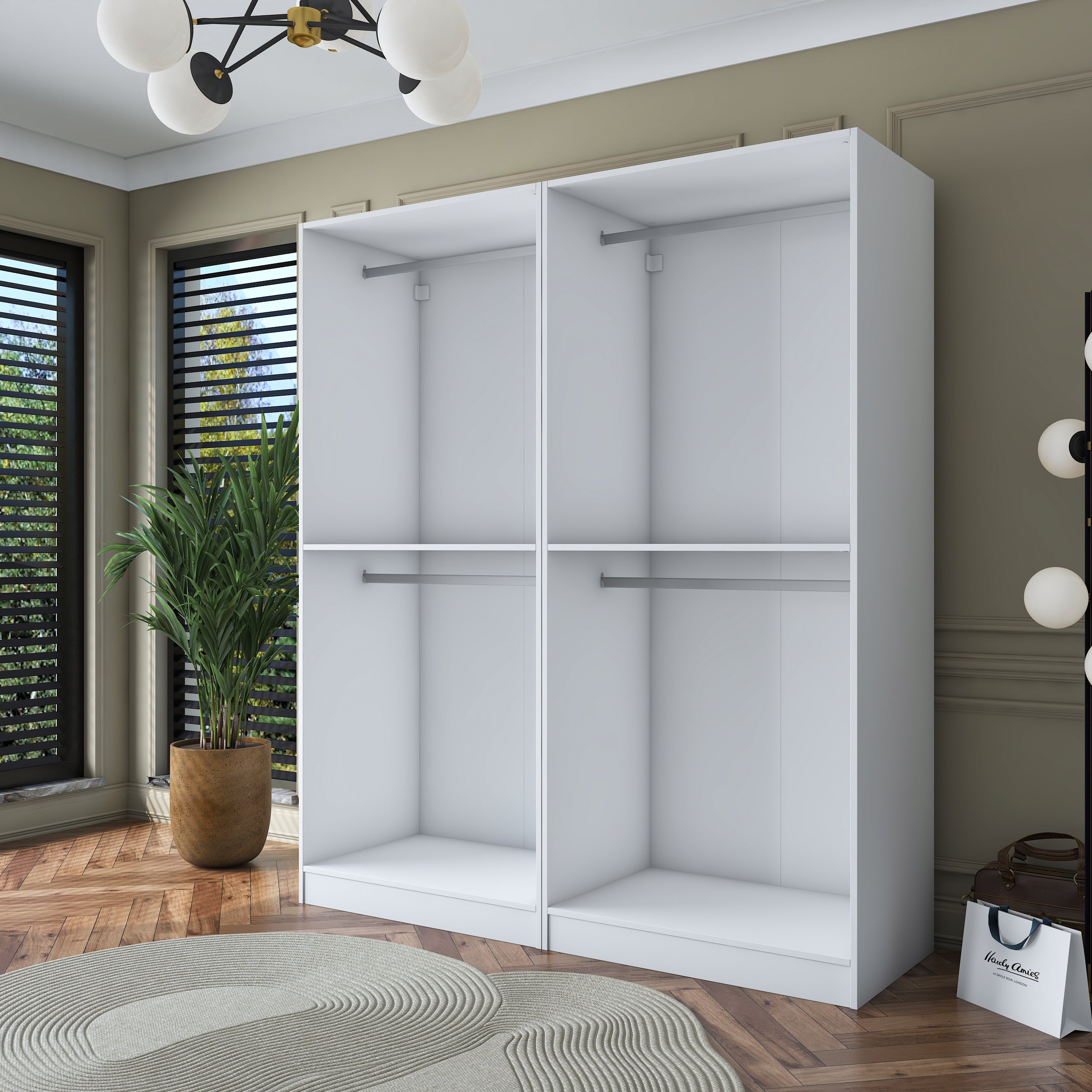 Rani BA163 Geniş Gardırop Elbise Dolabı 4 Kapaklı 2 Raflı 4 Askılı Modüler Dolap Beyaz