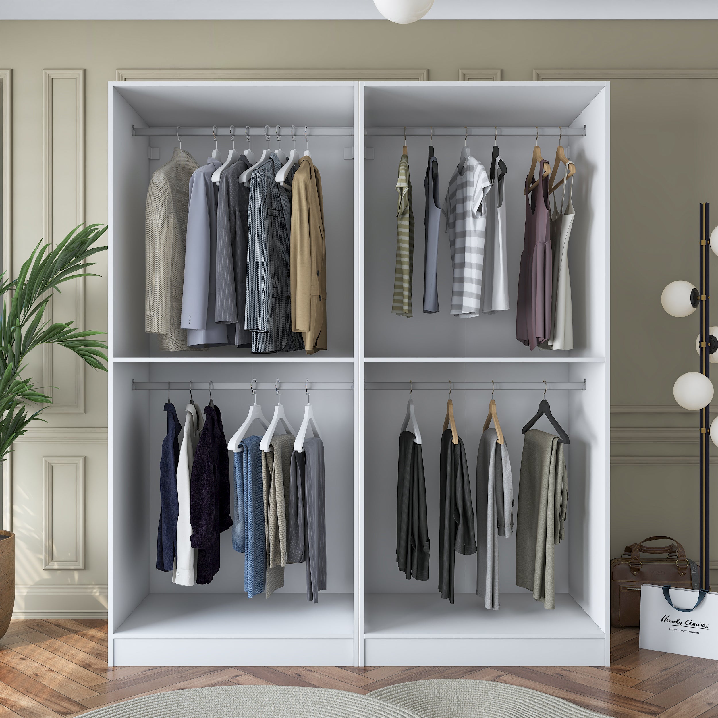 Rani BA163 Geniş Gardırop Elbise Dolabı 4 Kapaklı 2 Raflı 4 Askılı Modüler Dolap Beyaz