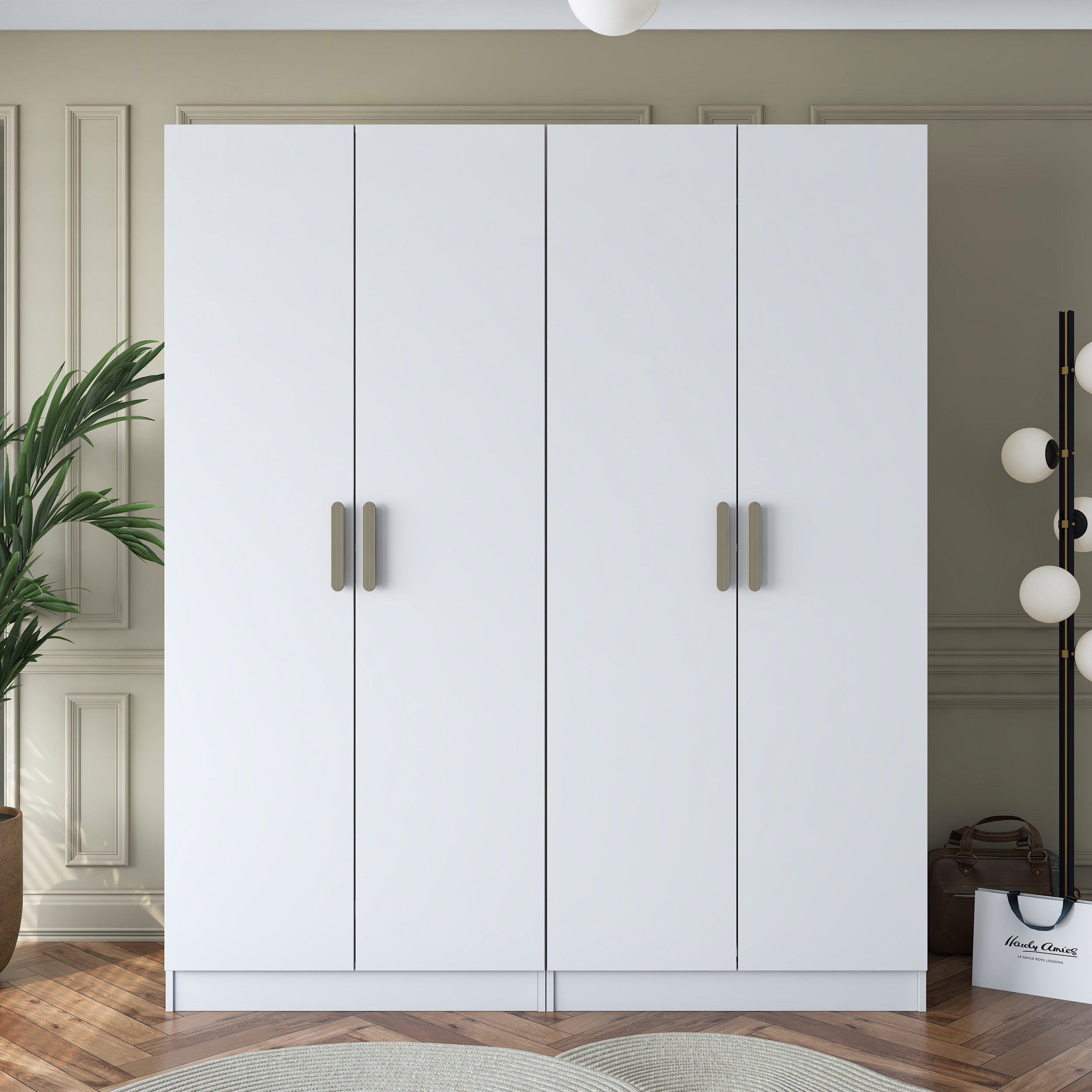 Rani BA163 Geniş Gardırop Elbise Dolabı 4 Kapaklı 2 Raflı 4 Askılı Modüler Dolap Beyaz