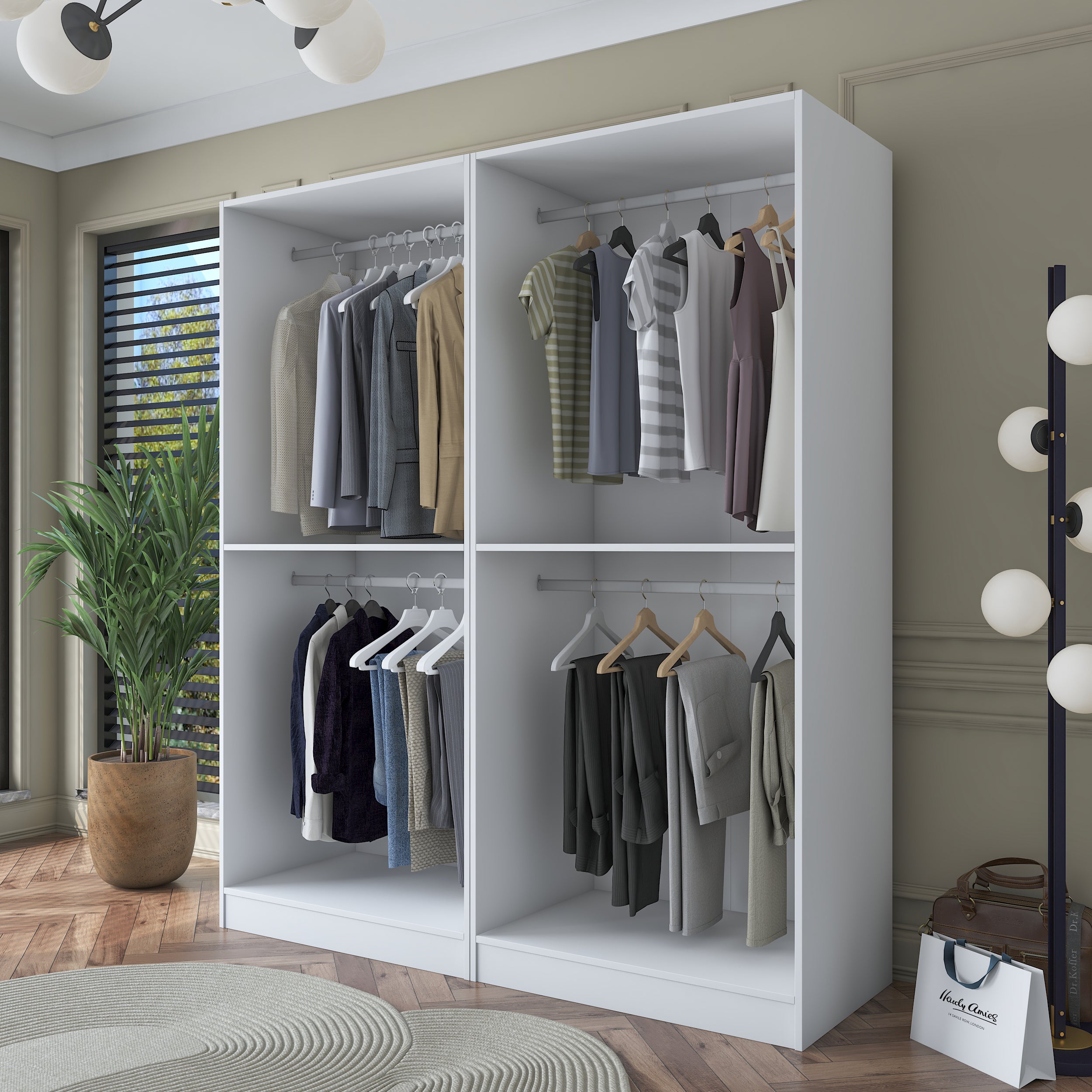Rani BA163 Geniş Gardırop Elbise Dolabı 4 Kapaklı 2 Raflı 4 Askılı Modüler Dolap Beyaz
