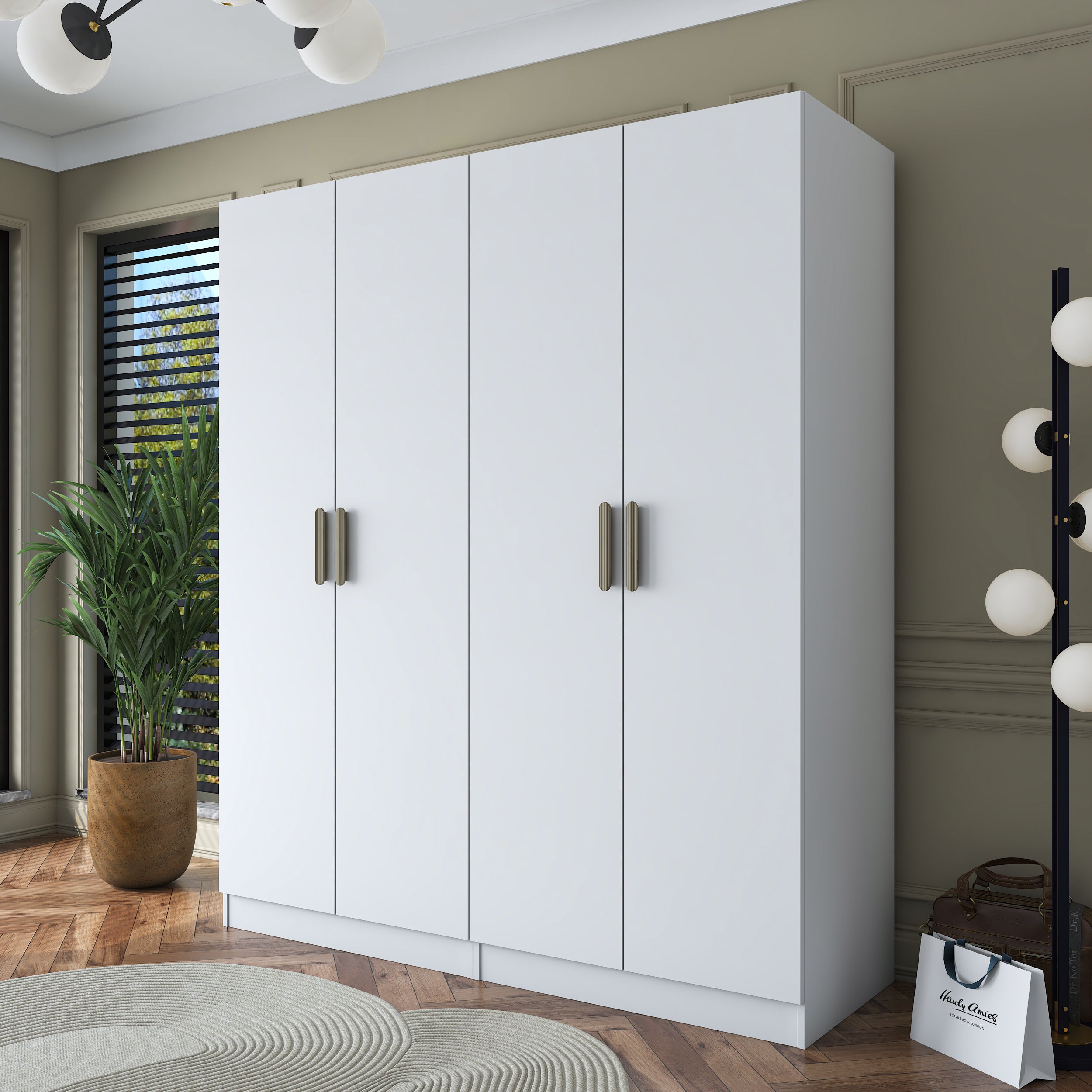 Rani BA163 Geniş Gardırop Elbise Dolabı 4 Kapaklı 2 Raflı 4 Askılı Modüler Dolap Beyaz