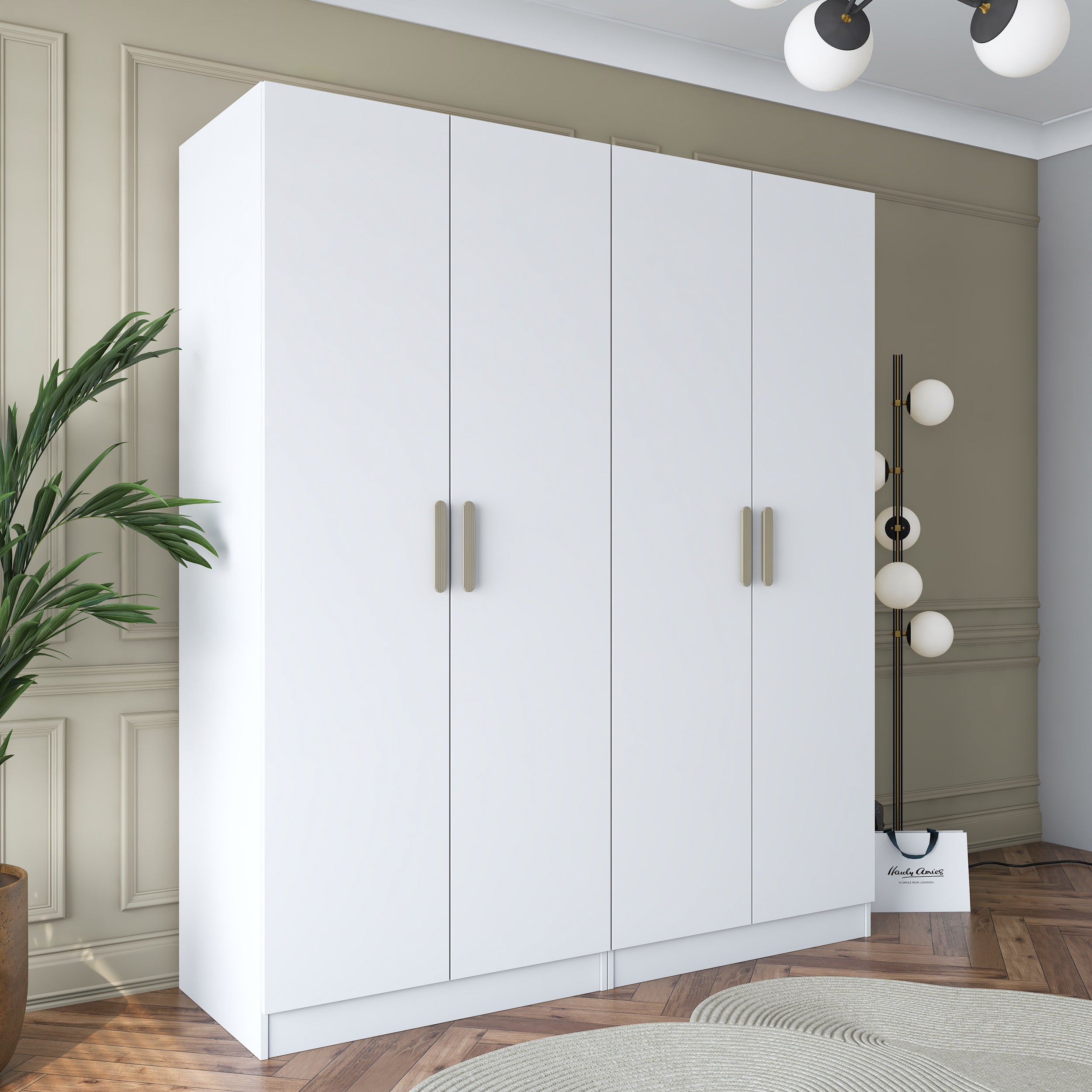 Rani BA163 Geniş Gardırop Elbise Dolabı 4 Kapaklı 2 Raflı 4 Askılı Modüler Dolap Beyaz