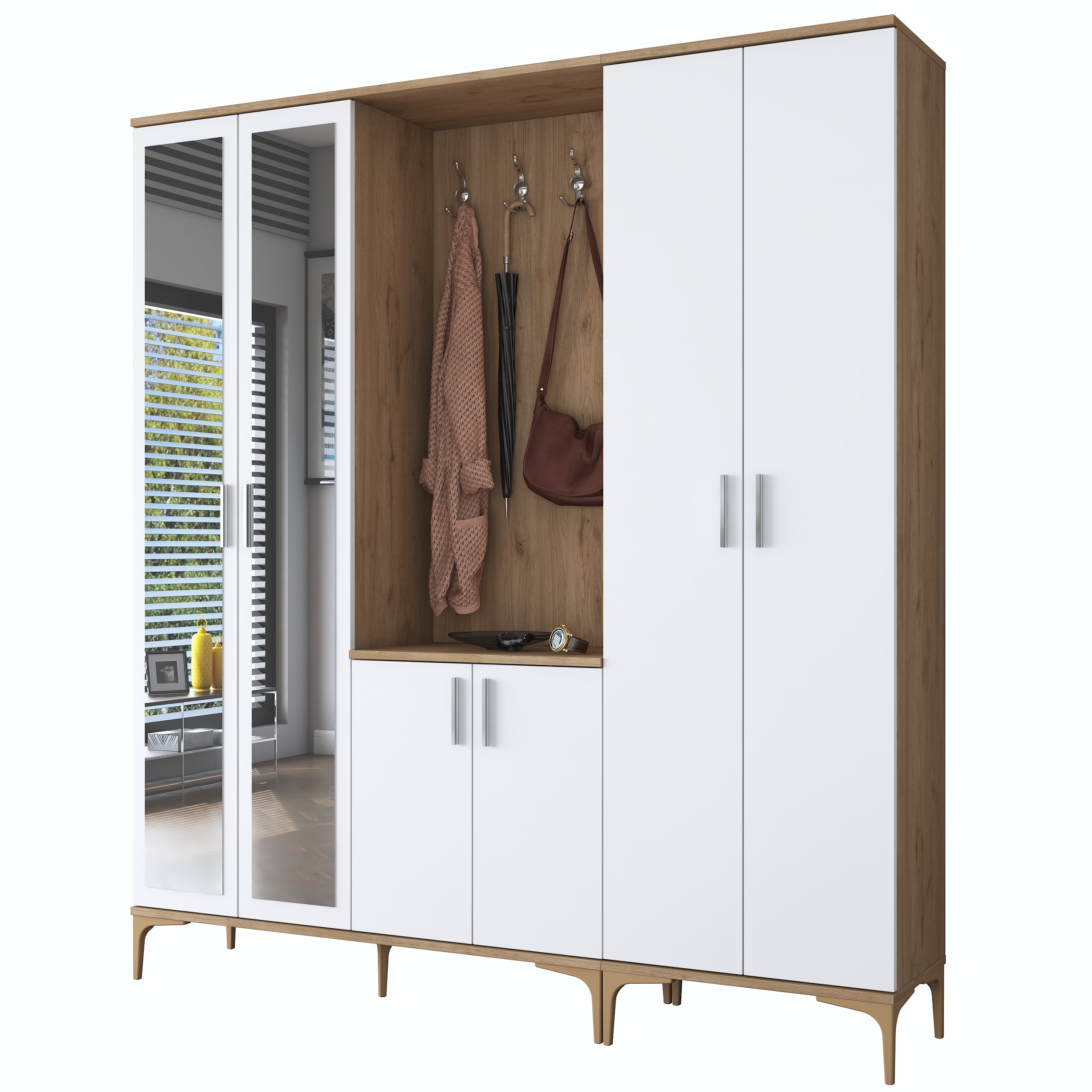 Rani EA154 modern aynalı raflı askılı portmanto ayakkabılık vestiyer sepet ceviz beyaz