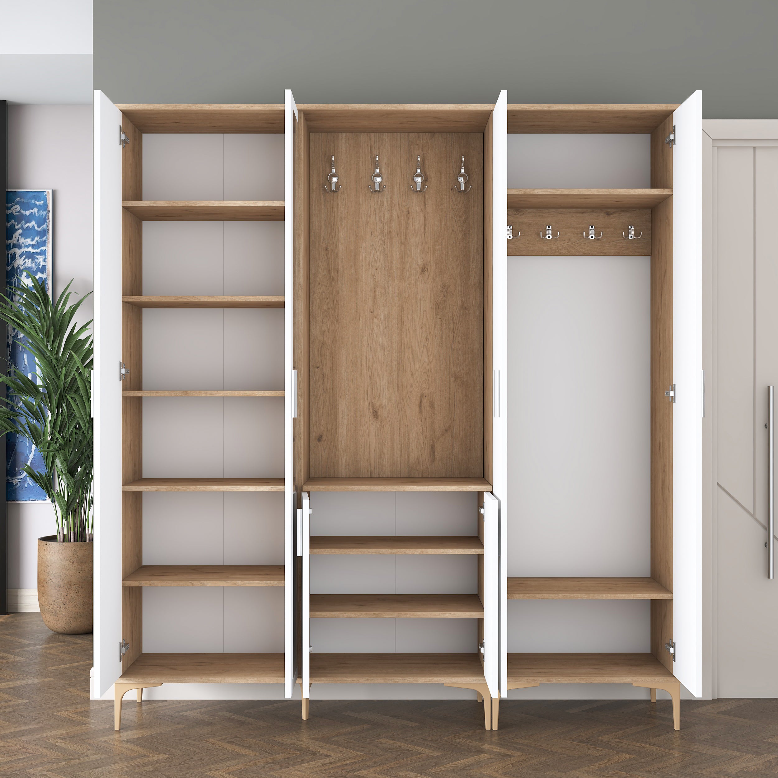 Rani EA154 modern aynalı raflı askılı portmanto ayakkabılık vestiyer sepet ceviz beyaz