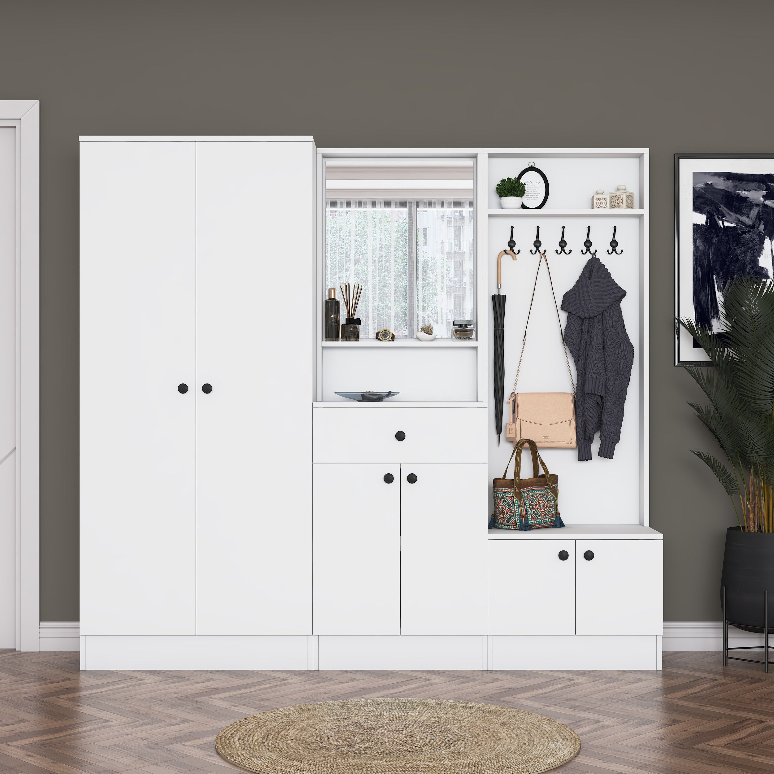 Rani EA152 Modern Çekmeceli Aynalı Raflı Askılı Portmanto Ayakkabılık Vestiyer Beyaz