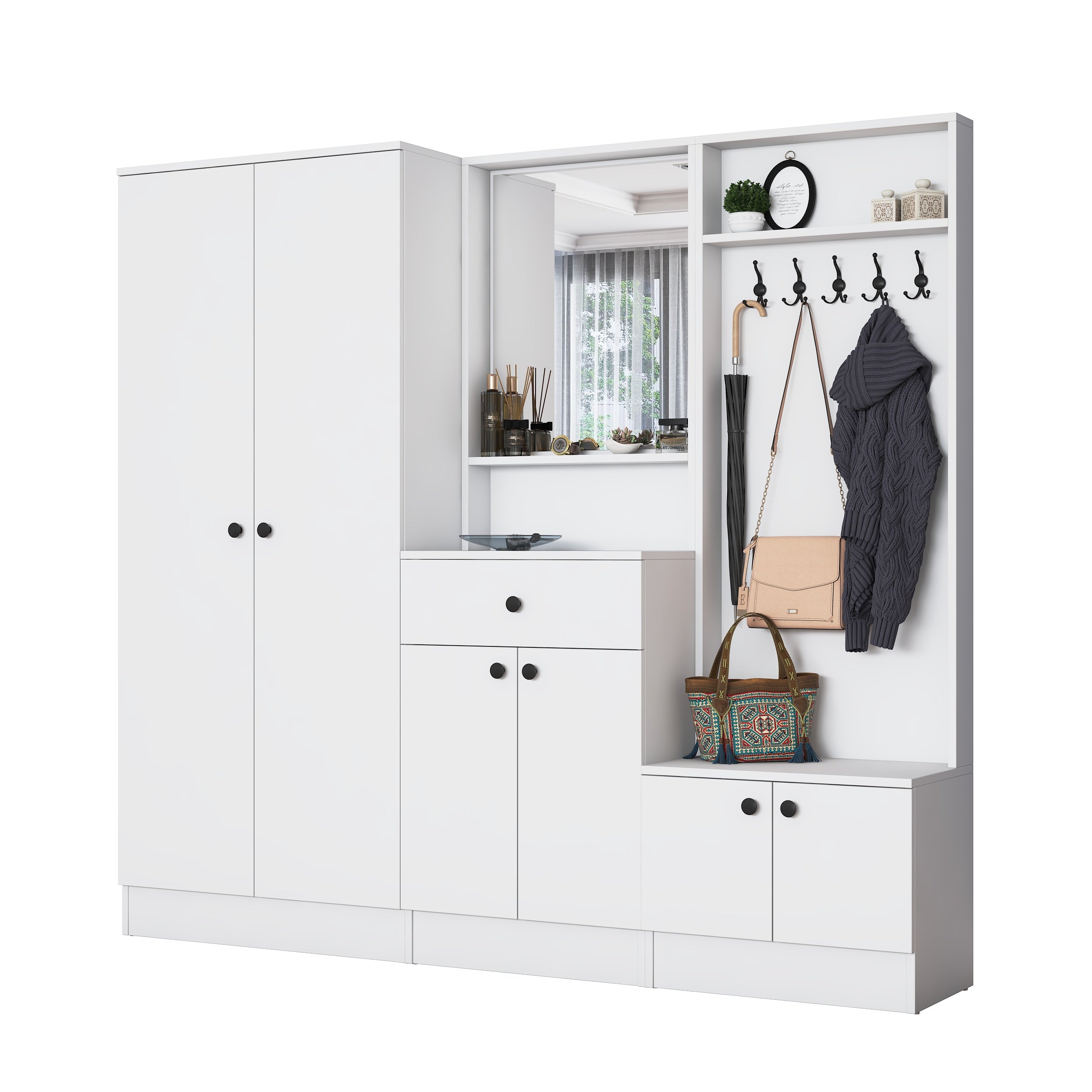 Rani EA152 Modern Çekmeceli Aynalı Raflı Askılı Portmanto Ayakkabılık Vestiyer Beyaz