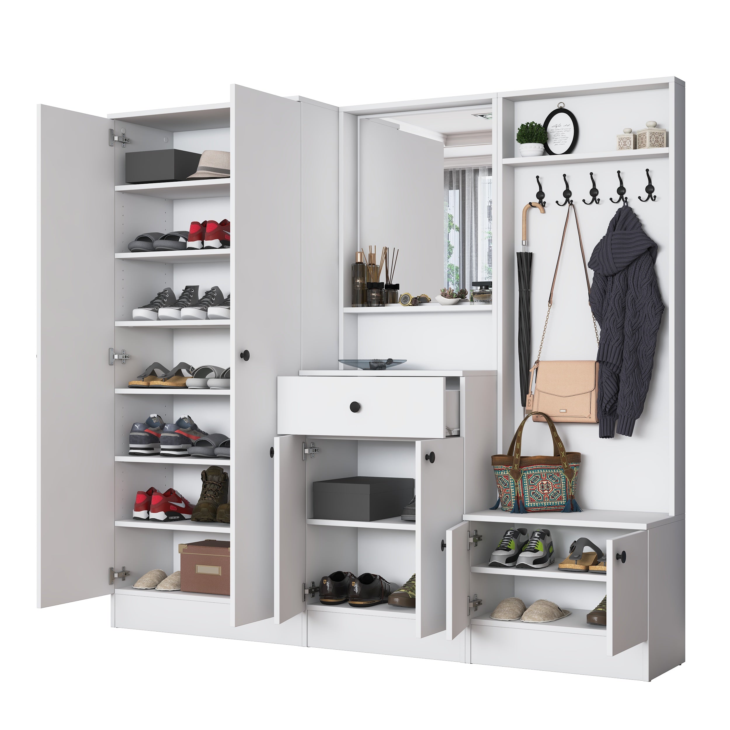 Rani EA152 Modern Çekmeceli Aynalı Raflı Askılı Portmanto Ayakkabılık Vestiyer Beyaz