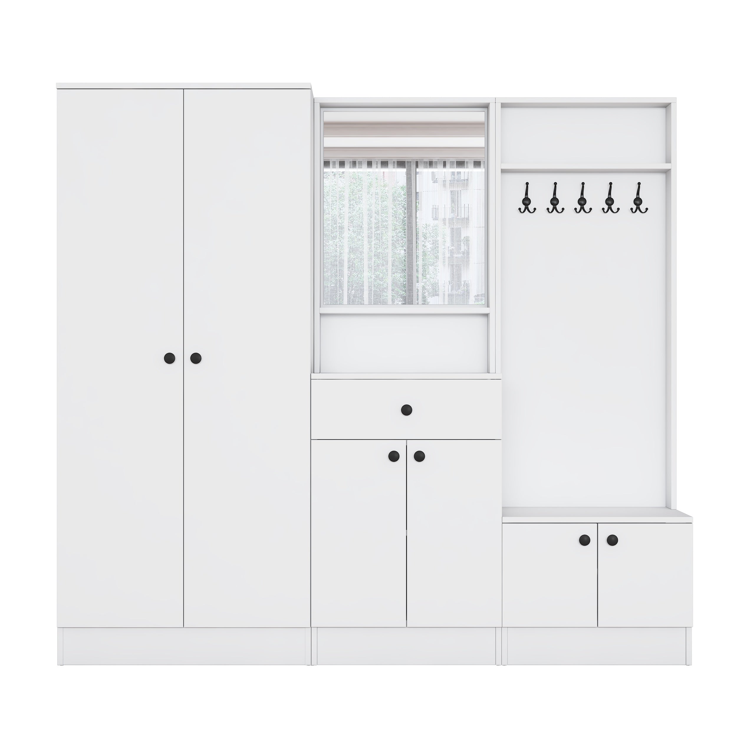 Rani EA152 Modern Çekmeceli Aynalı Raflı Askılı Portmanto Ayakkabılık Vestiyer Beyaz