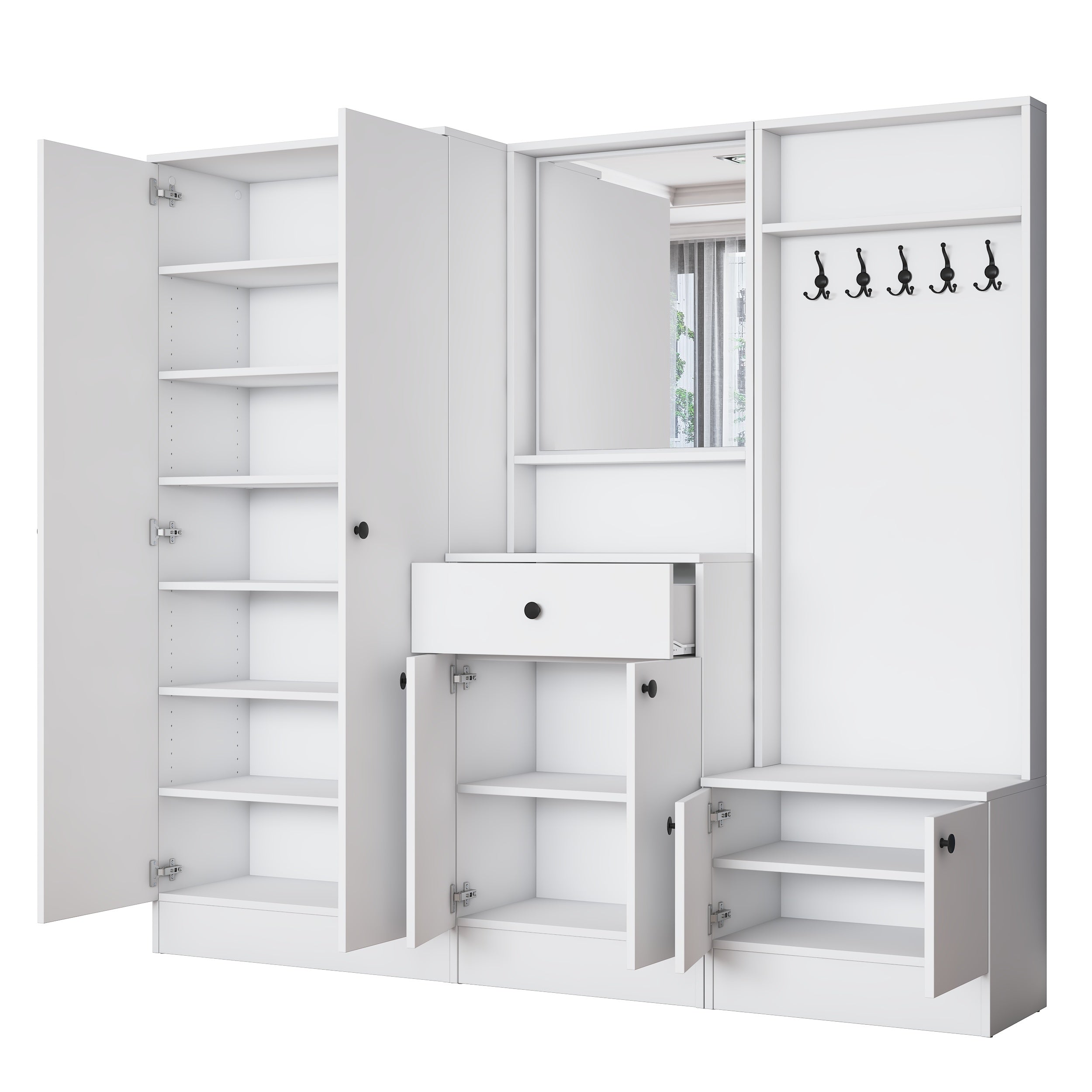 Rani EA152 Modern Çekmeceli Aynalı Raflı Askılı Portmanto Ayakkabılık Vestiyer Beyaz