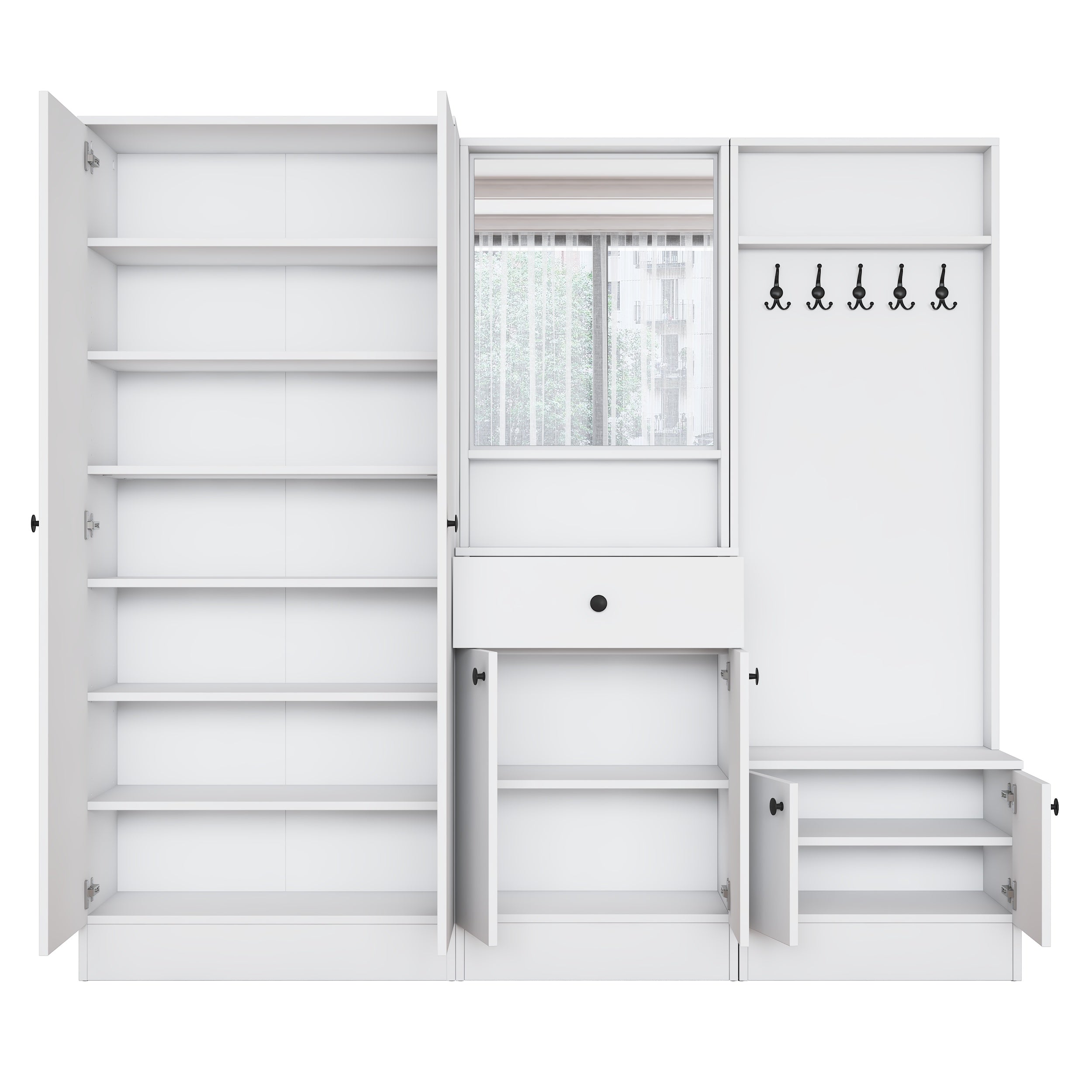 Rani EA152 Modern Çekmeceli Aynalı Raflı Askılı Portmanto Ayakkabılık Vestiyer Beyaz