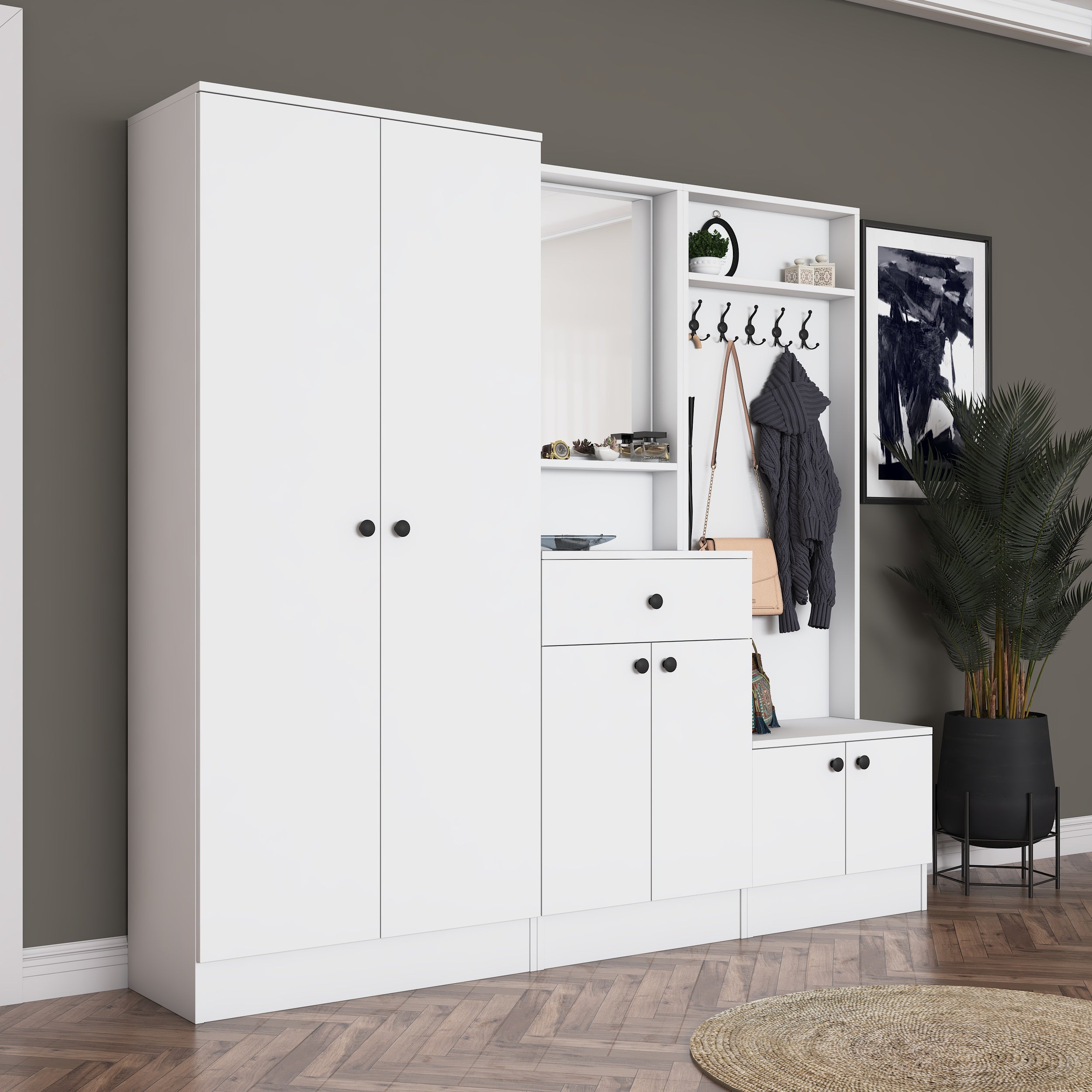 Rani EA152 Modern Çekmeceli Aynalı Raflı Askılı Portmanto Ayakkabılık Vestiyer Beyaz