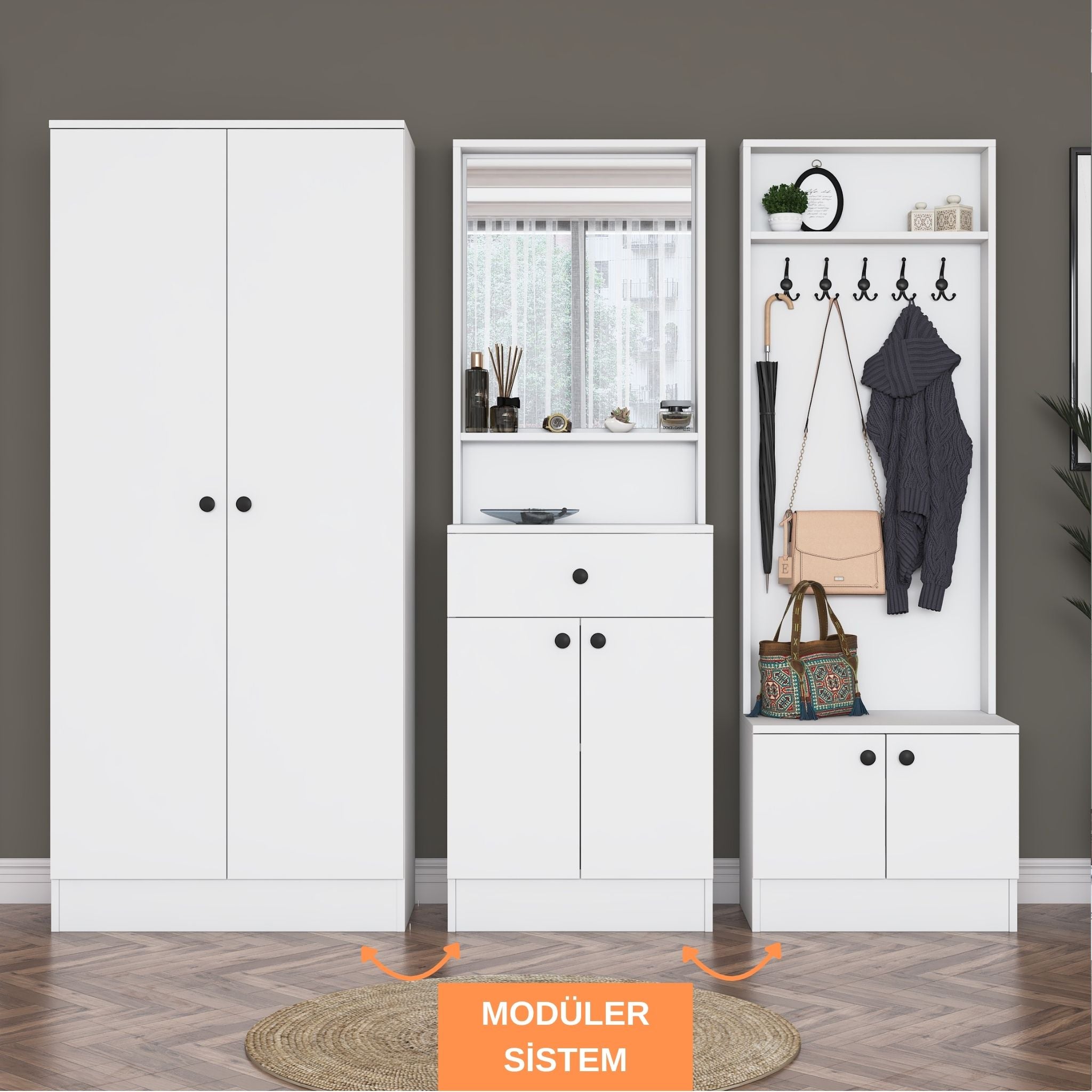 Rani EA152 Modern Çekmeceli Aynalı Raflı Askılı Portmanto Ayakkabılık Vestiyer Beyaz