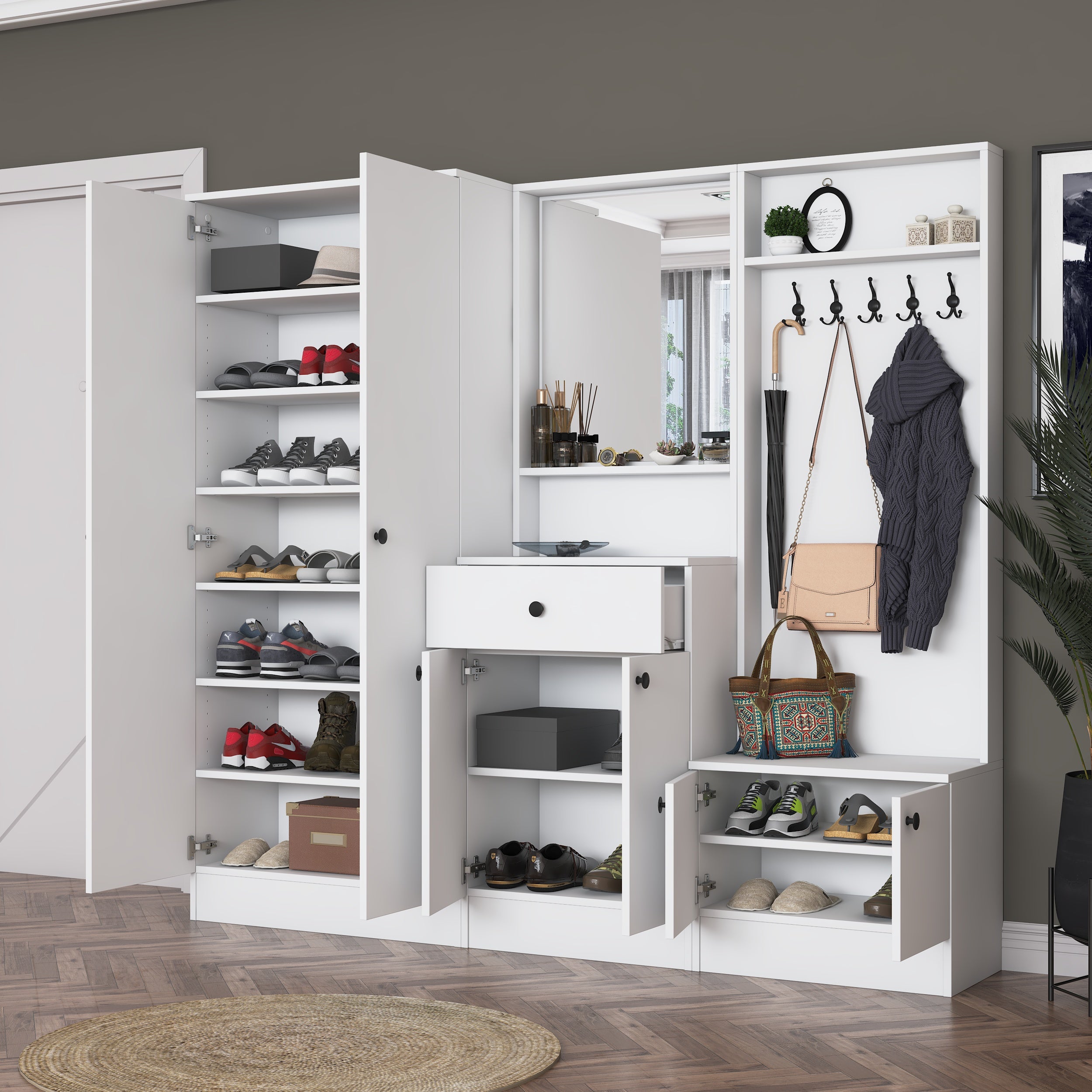 Rani EA152 Modern Çekmeceli Aynalı Raflı Askılı Portmanto Ayakkabılık Vestiyer Beyaz