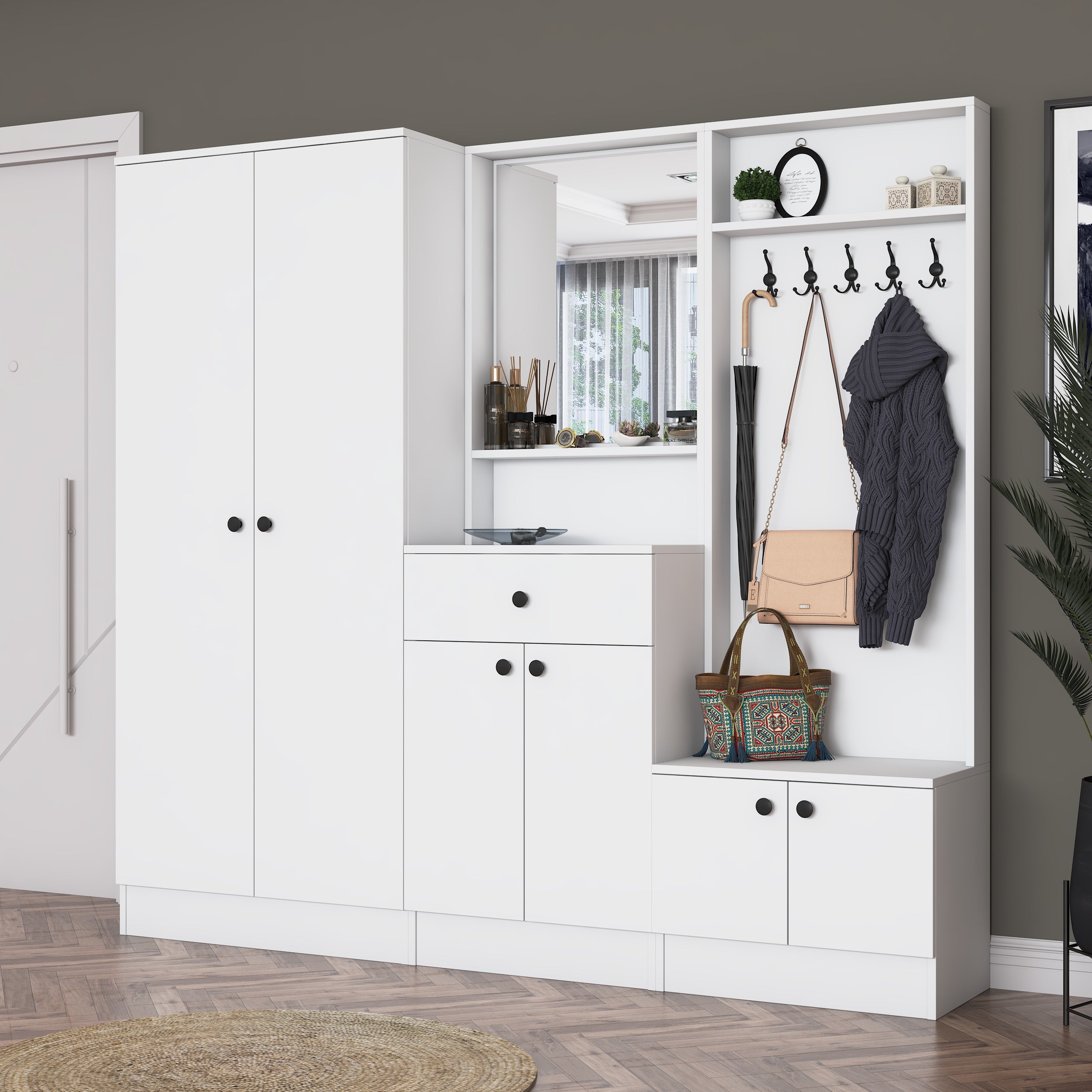 Rani EA152 Modern Çekmeceli Aynalı Raflı Askılı Portmanto Ayakkabılık Vestiyer Beyaz