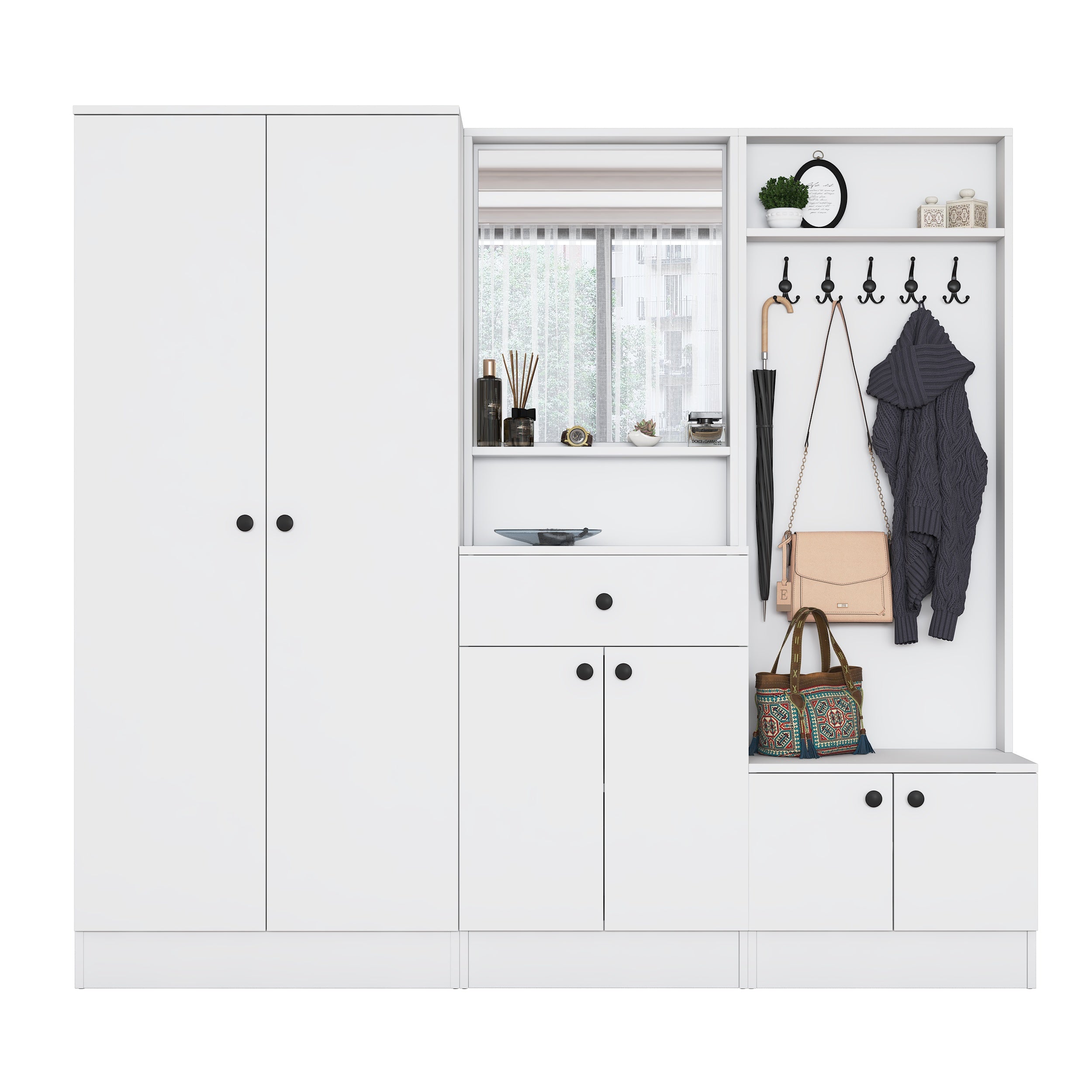 Rani EA152 Modern Çekmeceli Aynalı Raflı Askılı Portmanto Ayakkabılık Vestiyer Beyaz