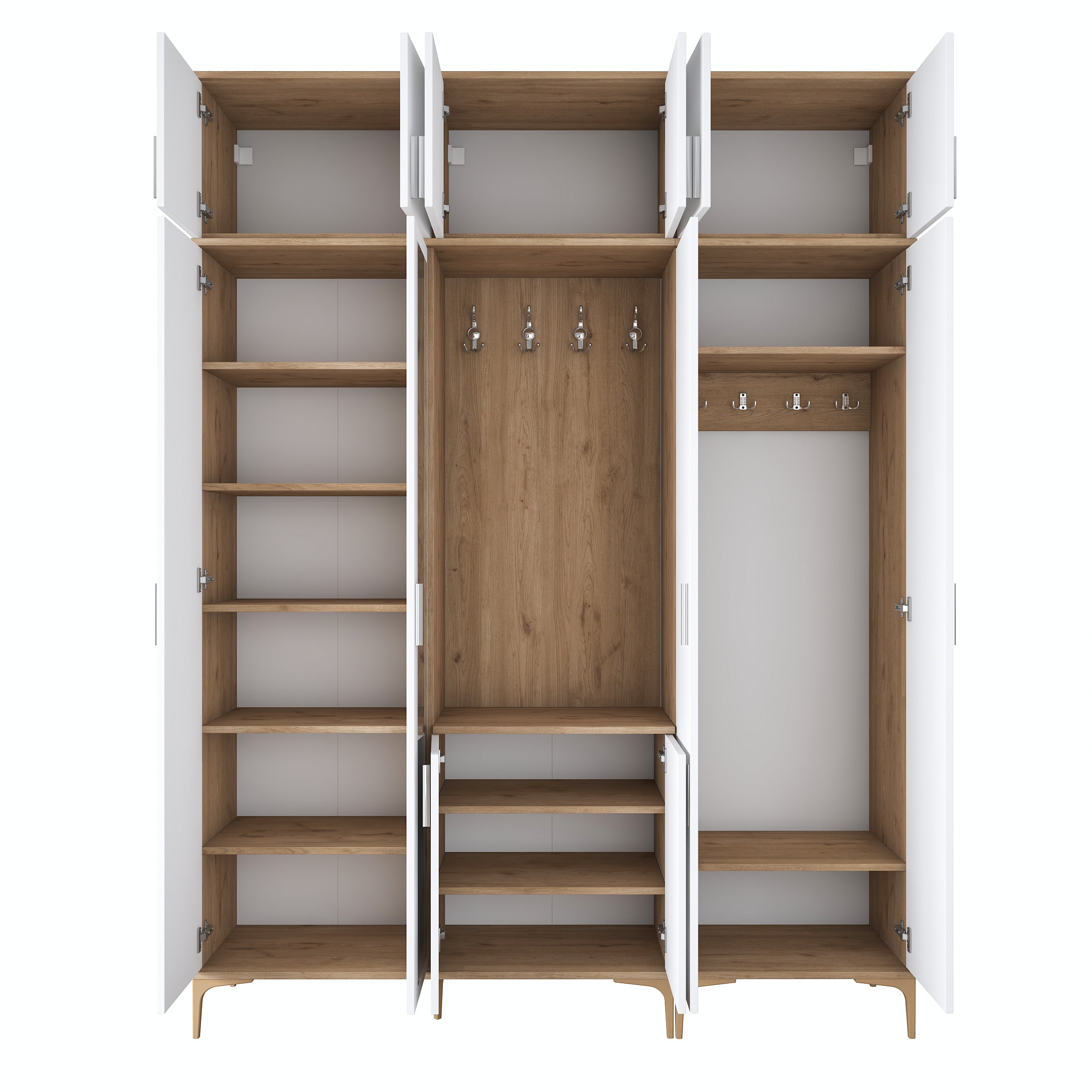 Rani EA155 modern portmanto 12 kapaklı aynalı raflı askılı ayakkabılık vestiyer sepet ceviz beyaz