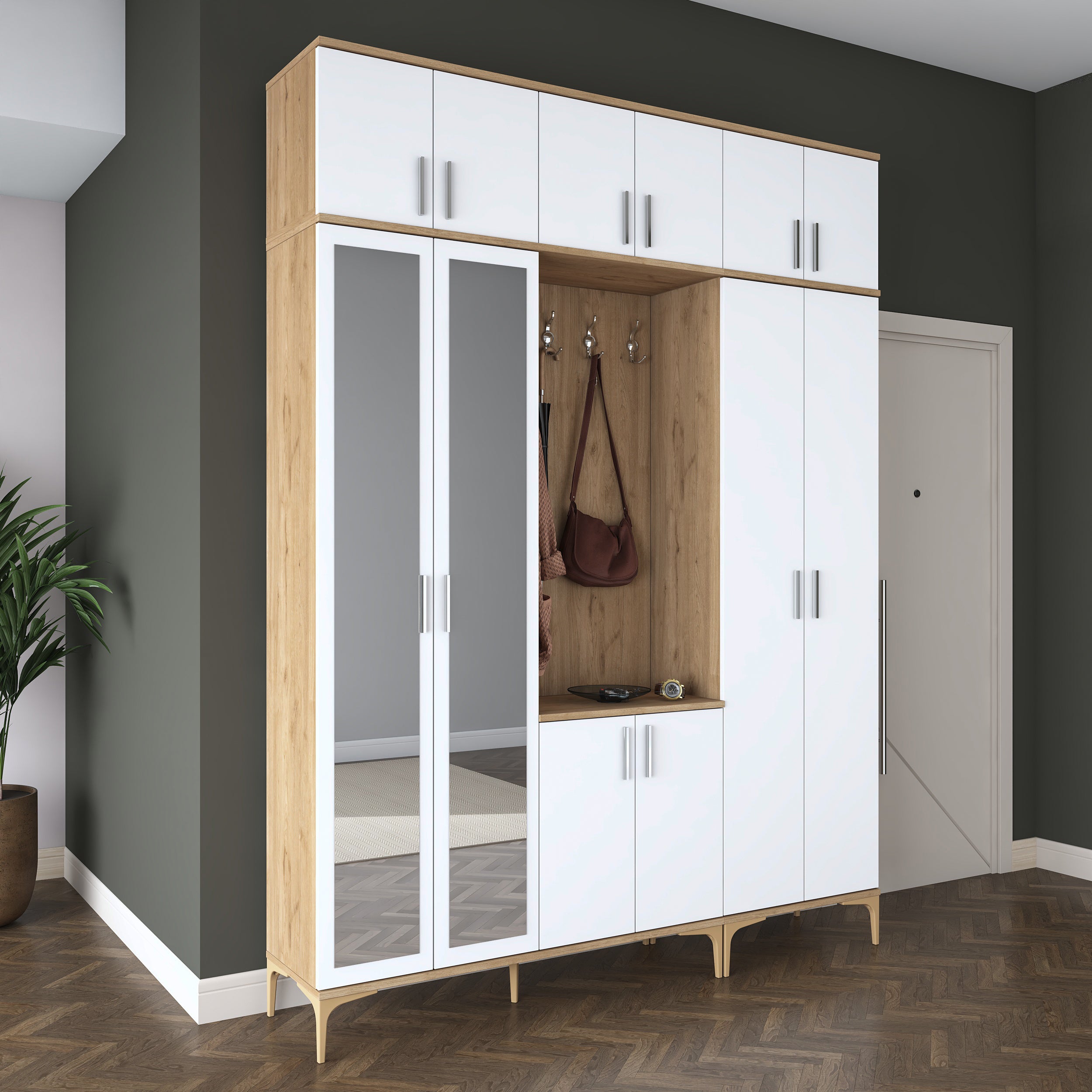 Rani EA155 modern portmanto 12 kapaklı aynalı raflı askılı ayakkabılık vestiyer sepet ceviz beyaz