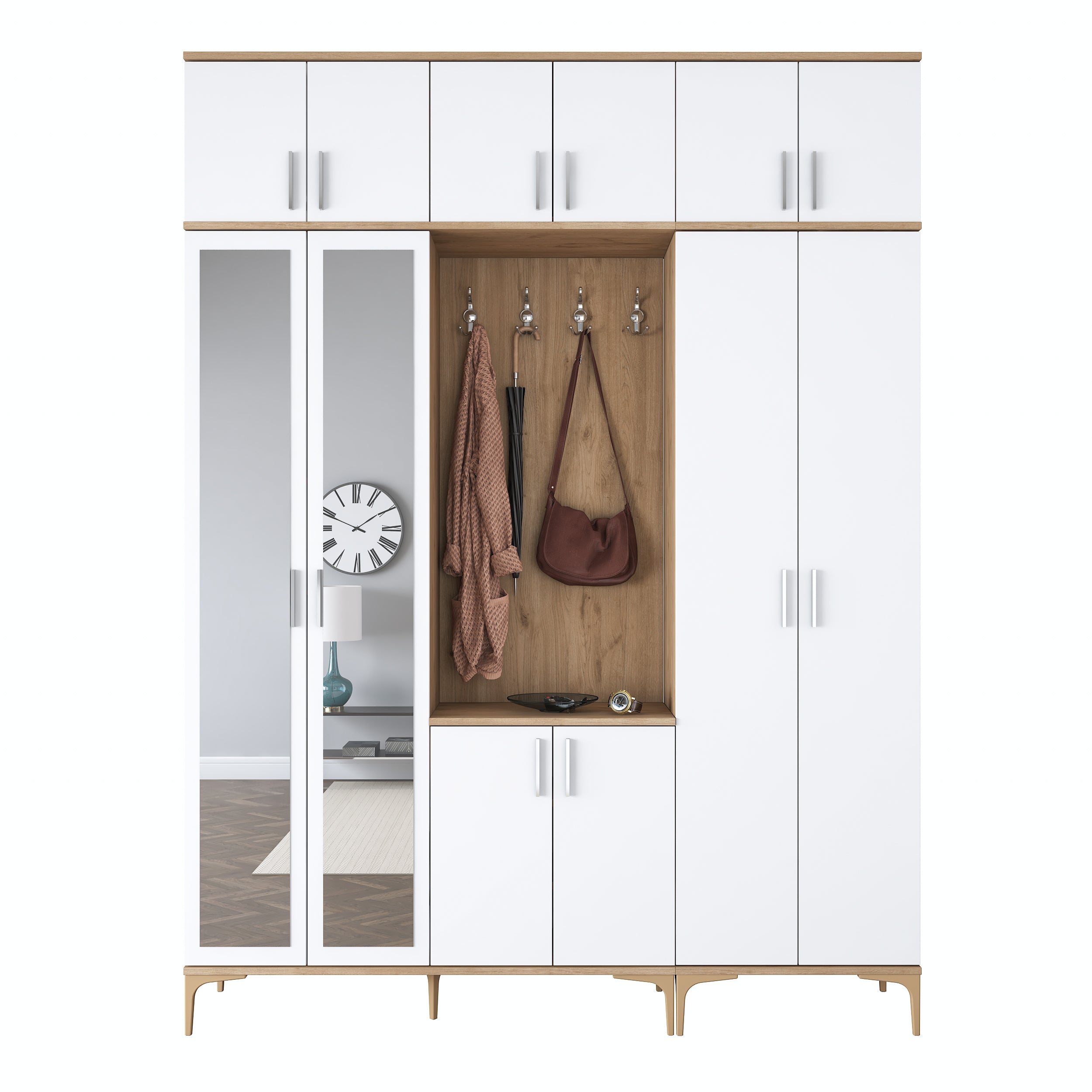 Rani EA155 modern portmanto 12 kapaklı aynalı raflı askılı ayakkabılık vestiyer sepet ceviz beyaz