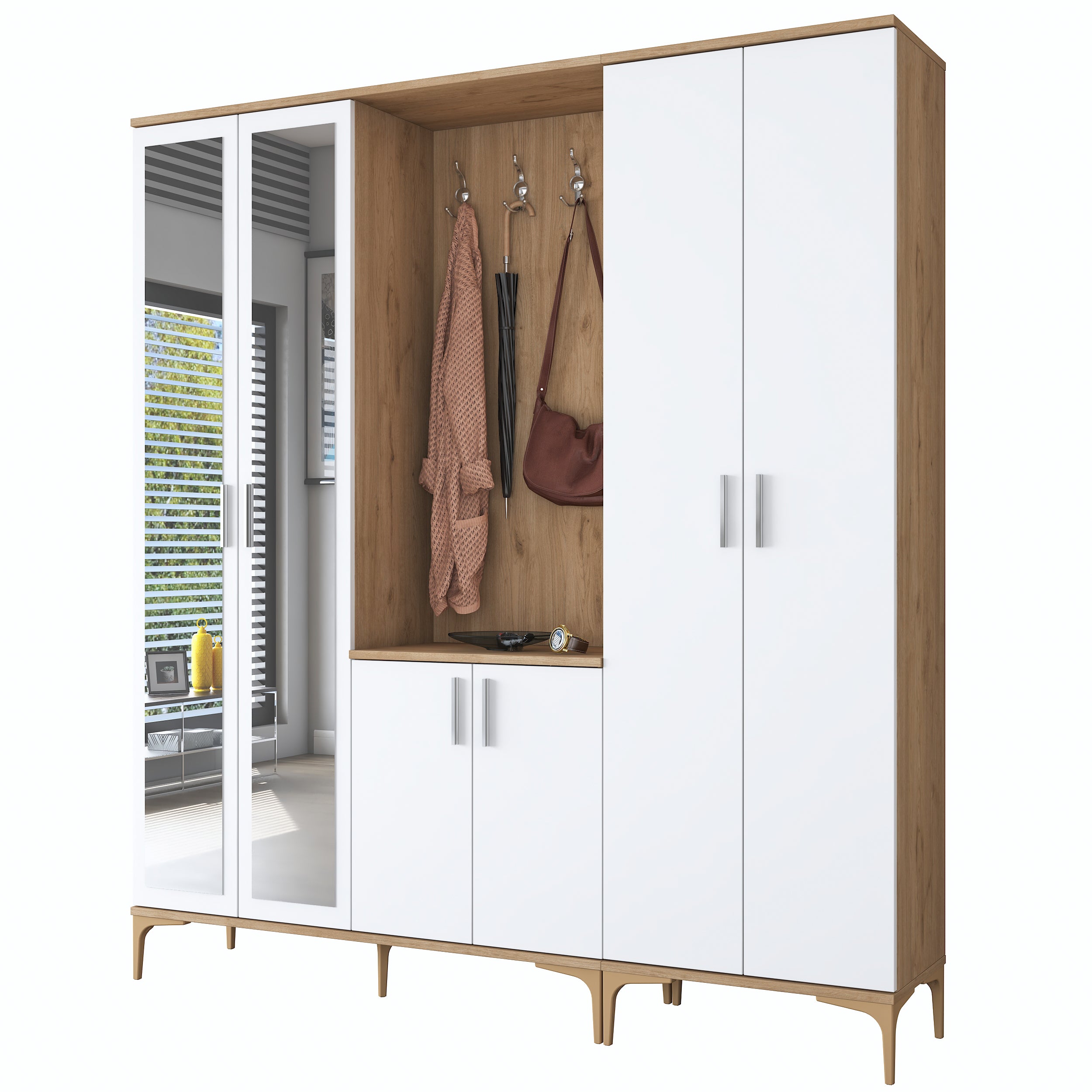 Rani EA156 aynalı raflı askılı portmanto ayakkabılık vestiyer sepet ceviz beyaz