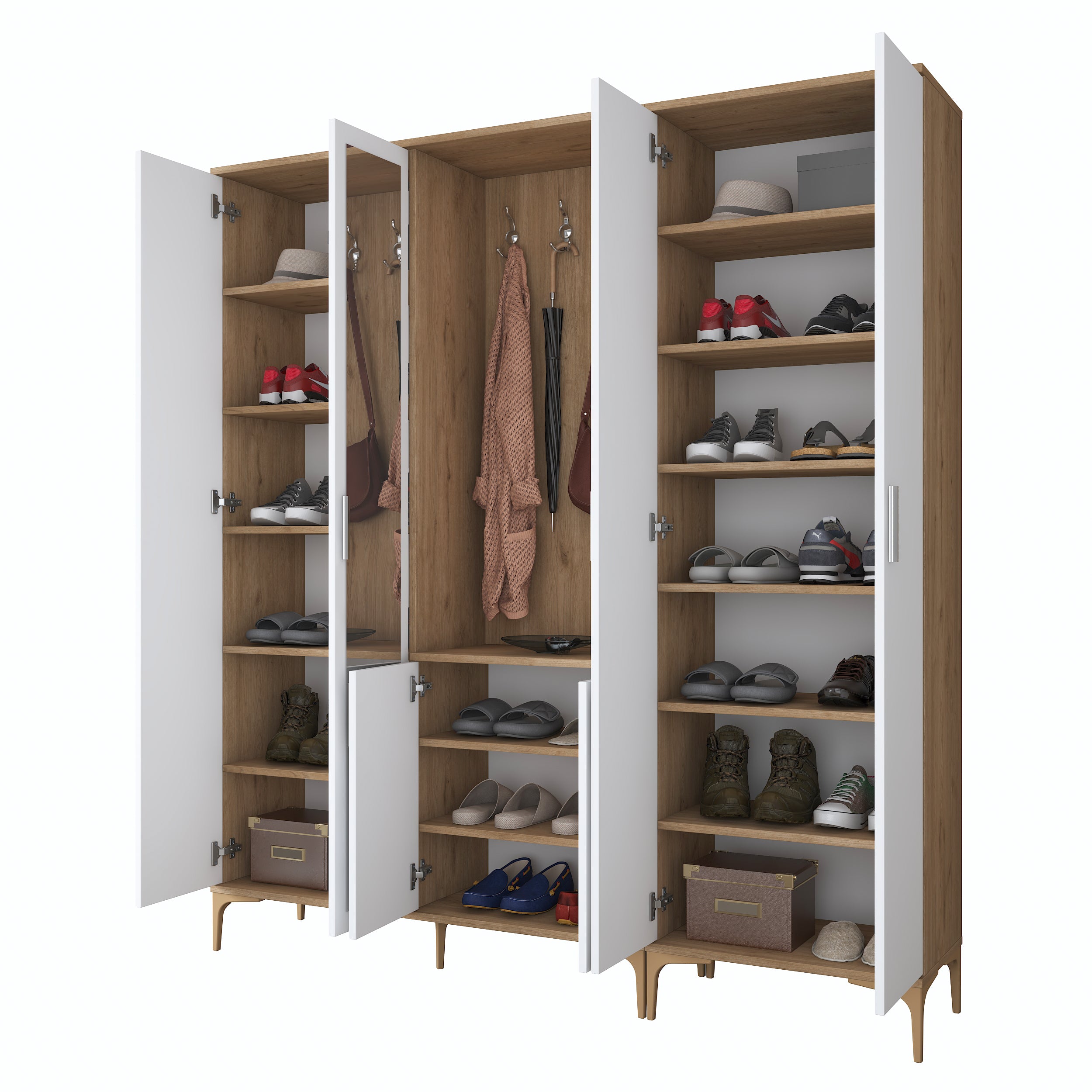 Rani EA156 aynalı raflı askılı portmanto ayakkabılık vestiyer sepet ceviz beyaz