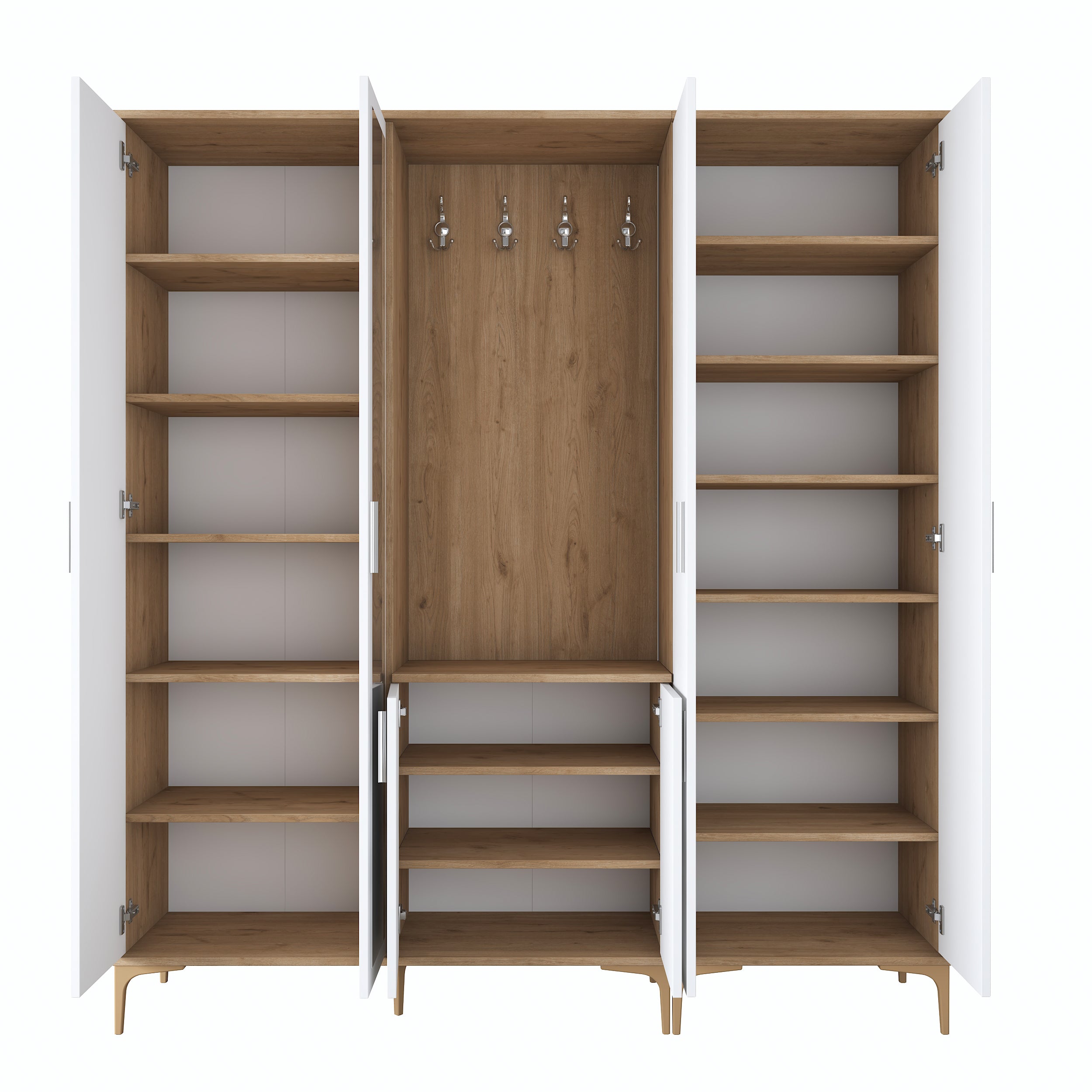 Rani EA156 aynalı raflı askılı portmanto ayakkabılık vestiyer sepet ceviz beyaz