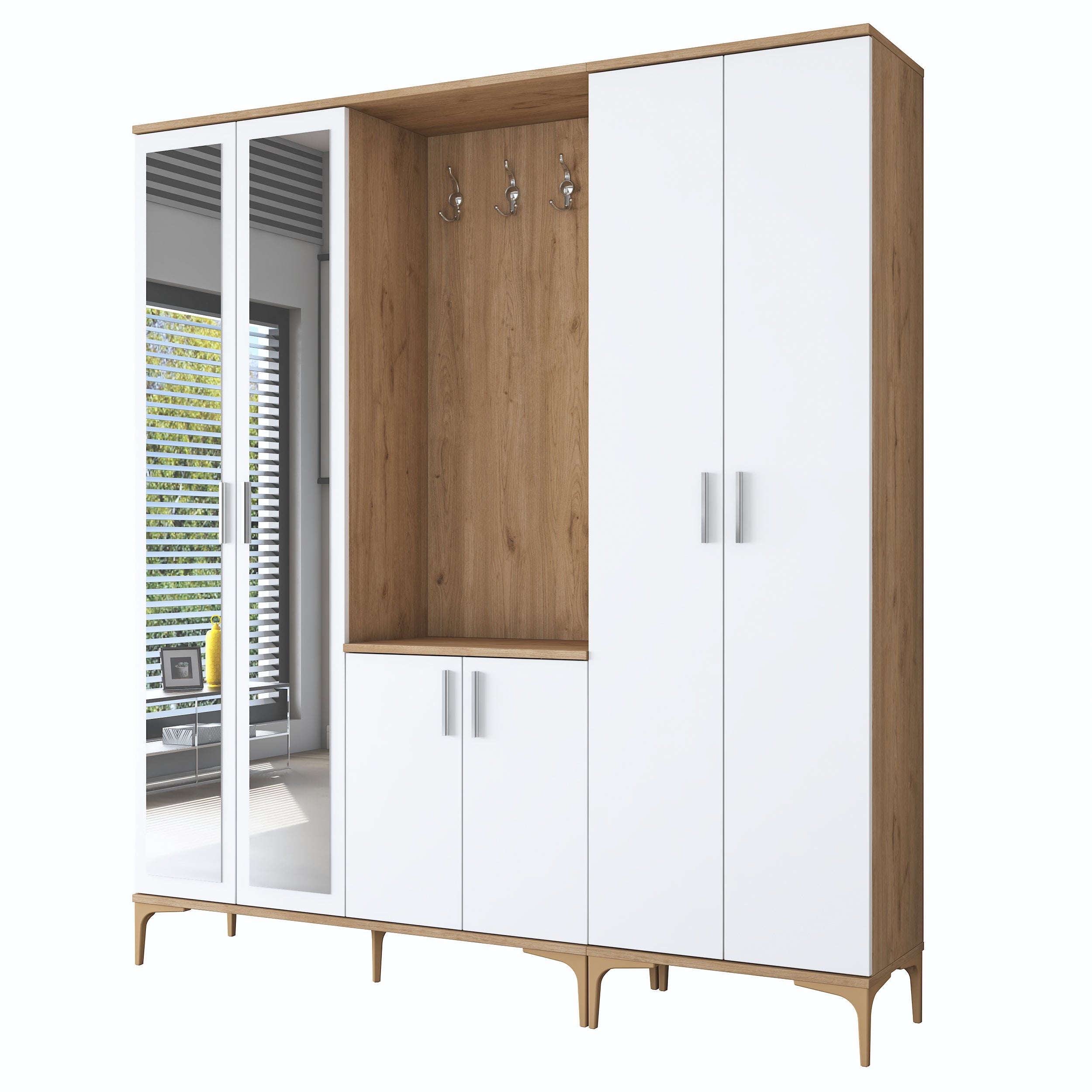 Rani EA156 aynalı raflı askılı portmanto ayakkabılık vestiyer sepet ceviz beyaz