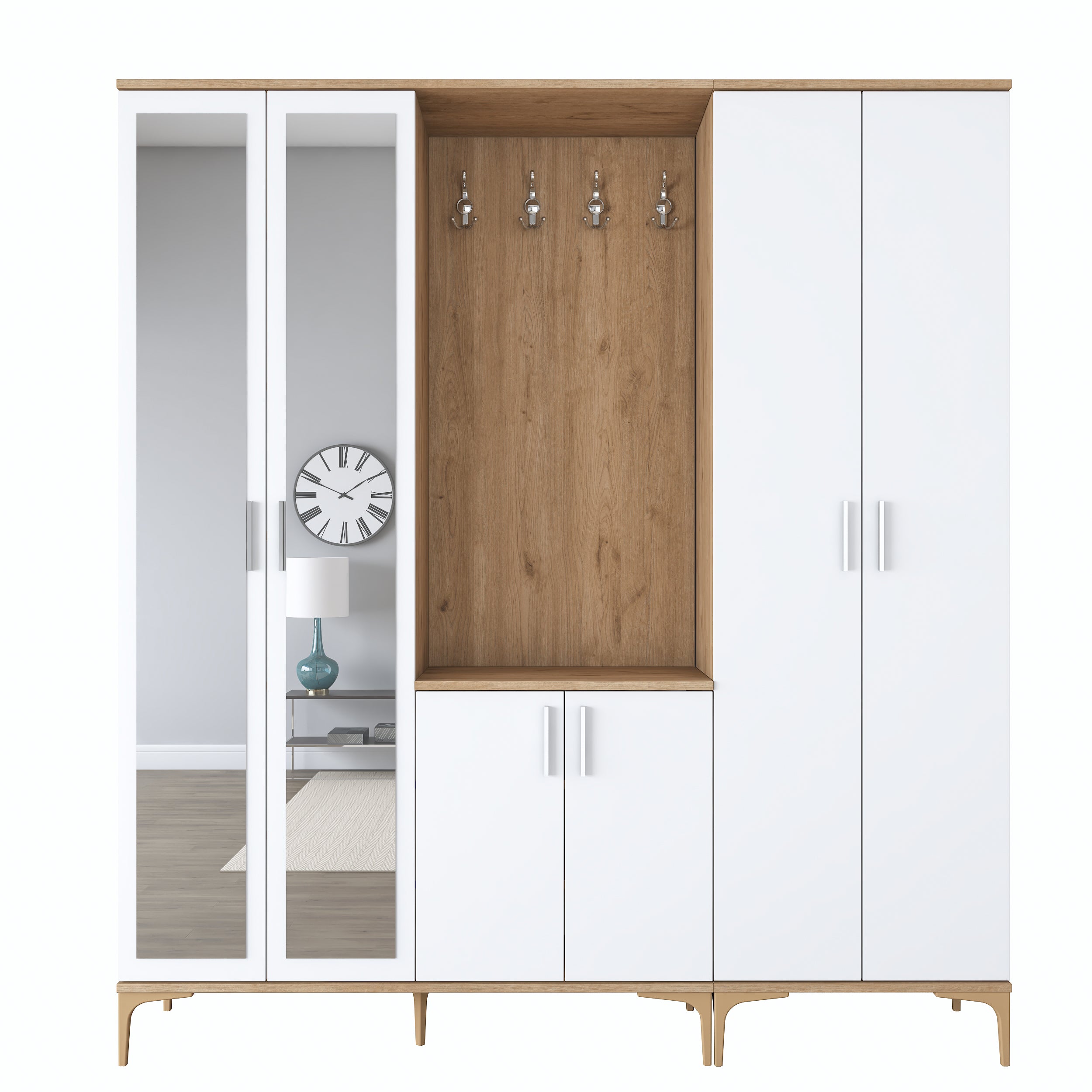 Rani EA156 aynalı raflı askılı portmanto ayakkabılık vestiyer sepet ceviz beyaz