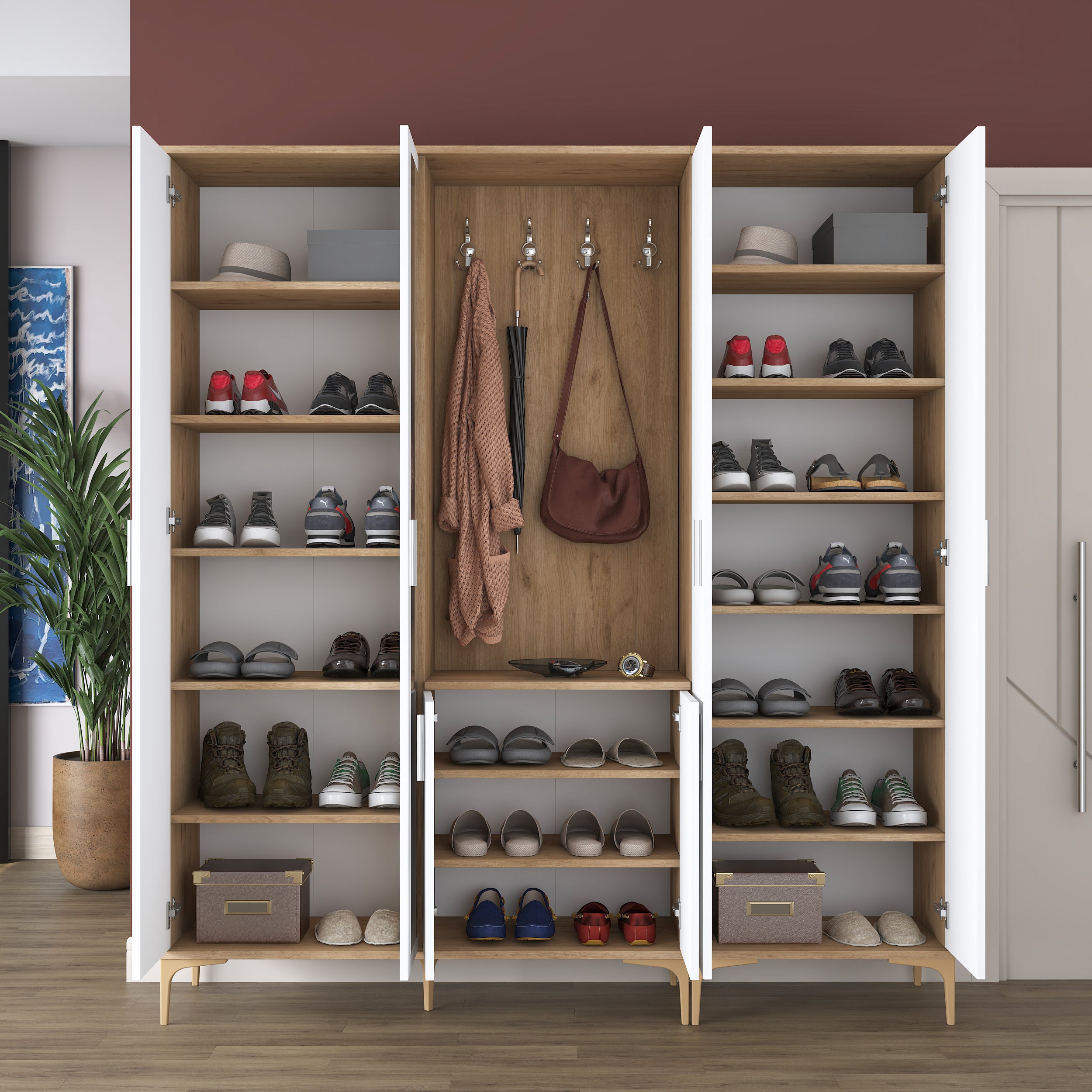 Rani EA156 aynalı raflı askılı portmanto ayakkabılık vestiyer sepet ceviz beyaz